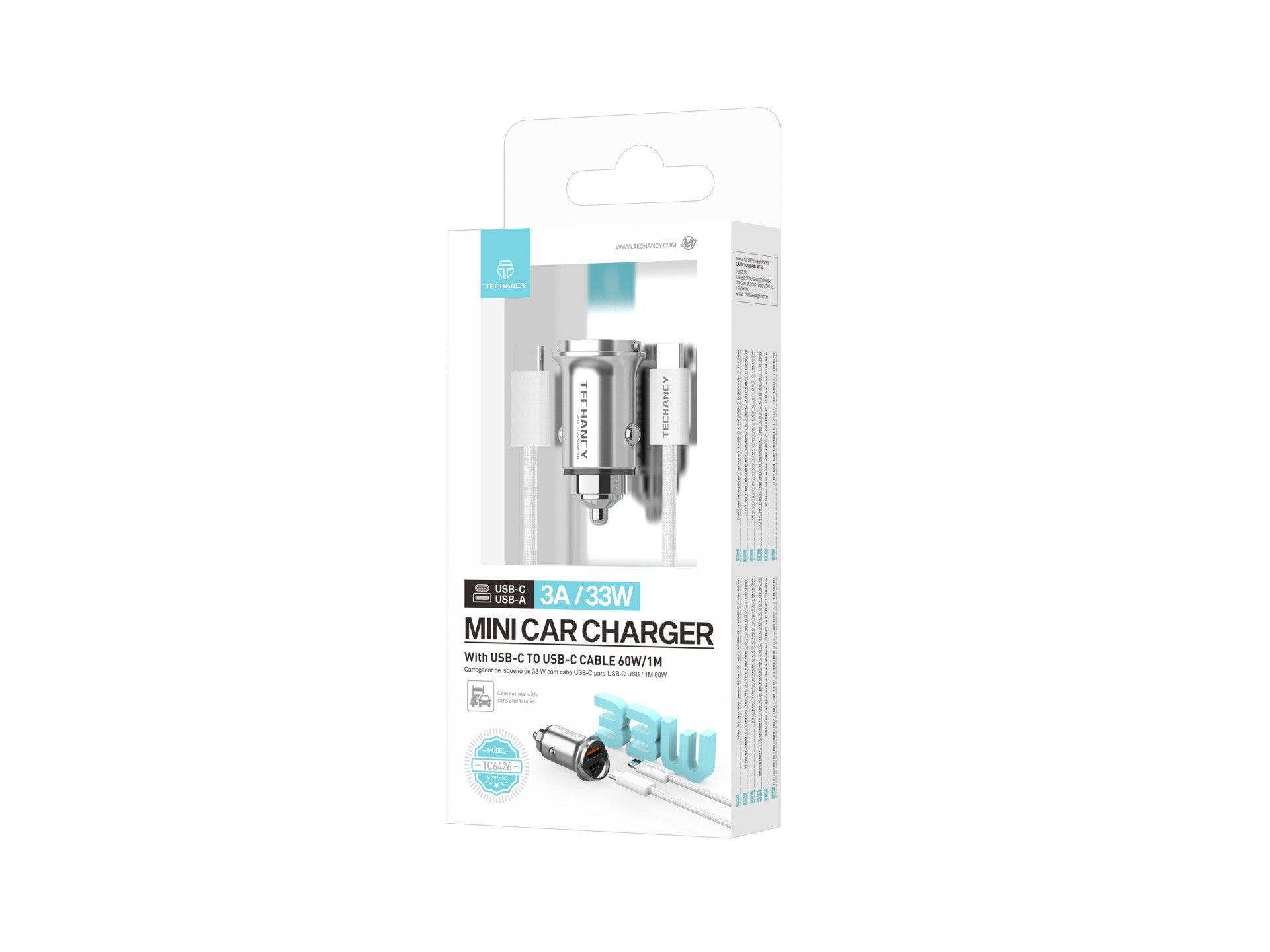 Techancy Mini Carregador TC6426, 33W, USB-A+USB-C, com Cabo USB-C para USB-C de 1m, Liga de AlumInio, Seguro e Confiavel