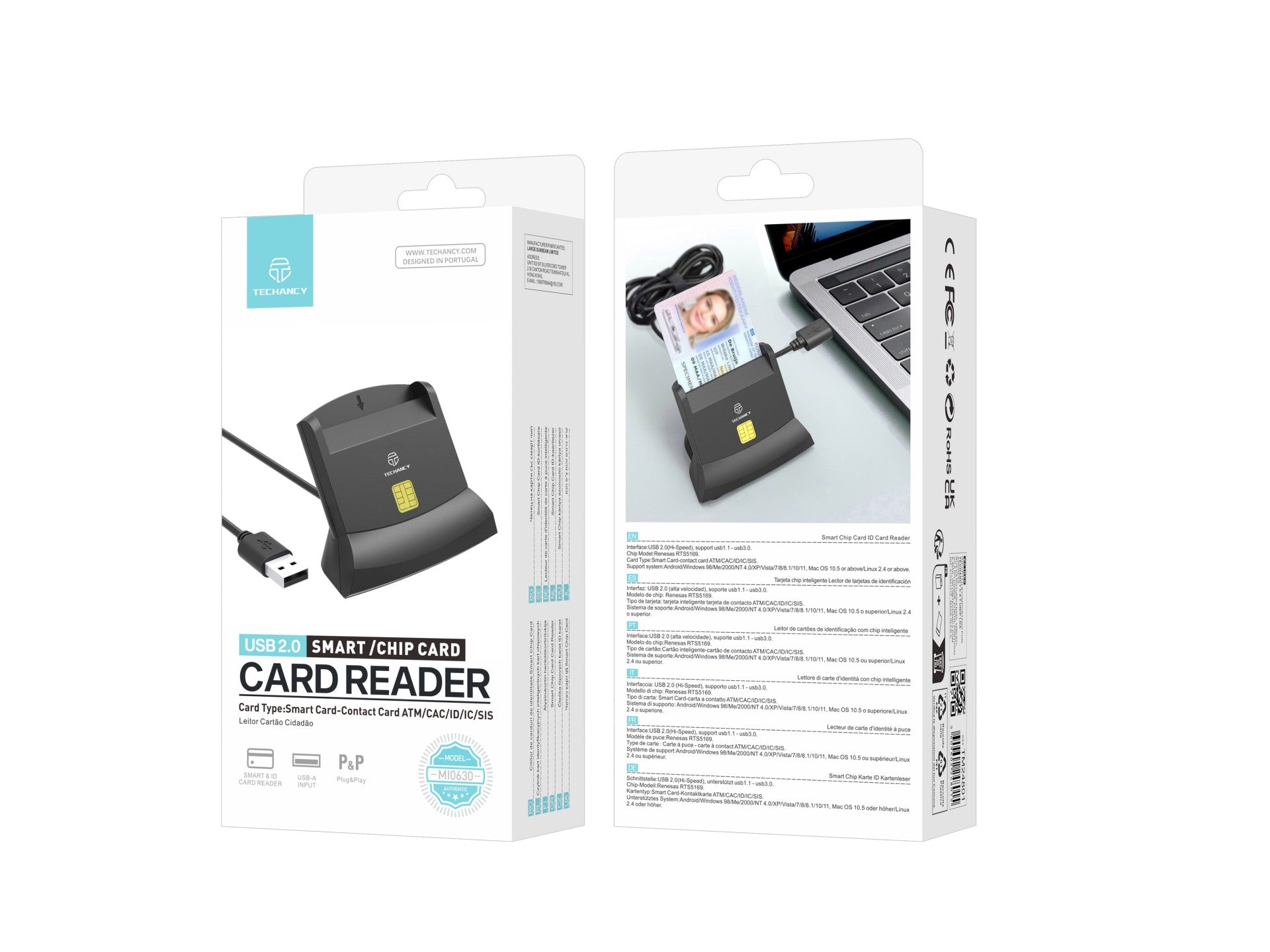 Techancy Leitor de cartão inteligente MI0630, interface USB 2.0, suporta vários tipos de cartões, compatível com vários sistemas, preto