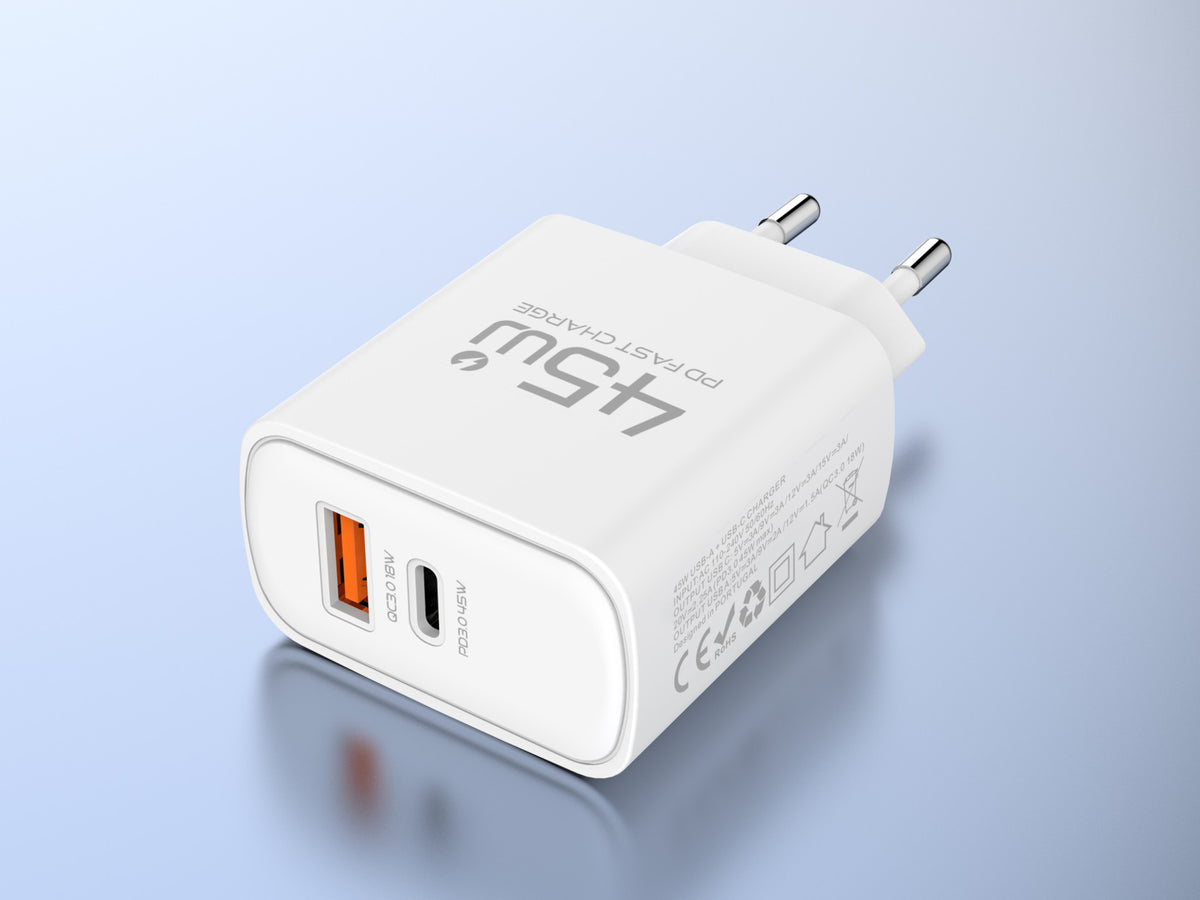 Carregador USB-C 45W TECHANCY TM02127, Carregamento Rapido PD 3.0 PPS, USB-A QC 3.0, 2 Portas, Ficha Europeia, Branco