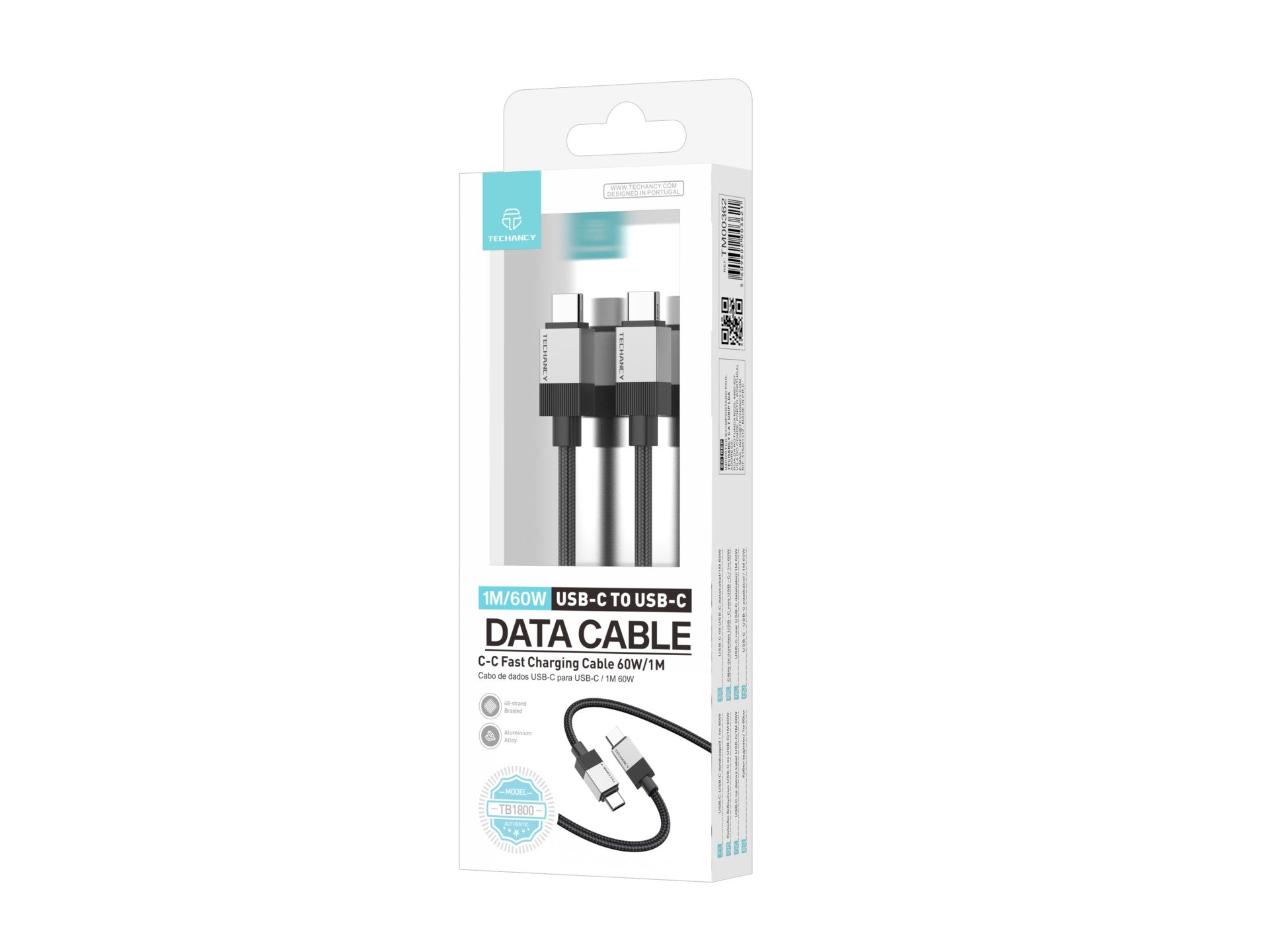 Techancy PD Data Cable TB1800, 60W, 1m Black, USB-C to USB-C, Aluminum Alloy Connector, Locked Design, Fast Charging