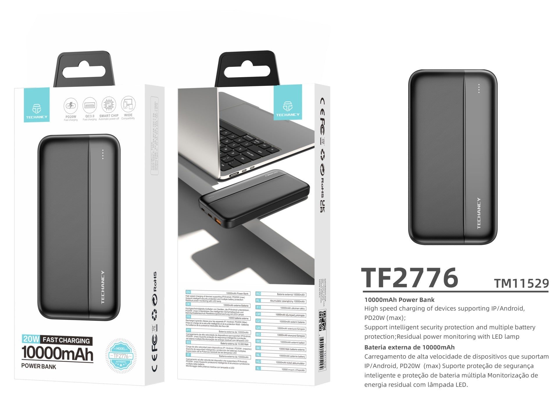 Techancy Power Bank 10000mah Black TF2776, Fast Charging Pd20w For Smartphones, Tablets And More!