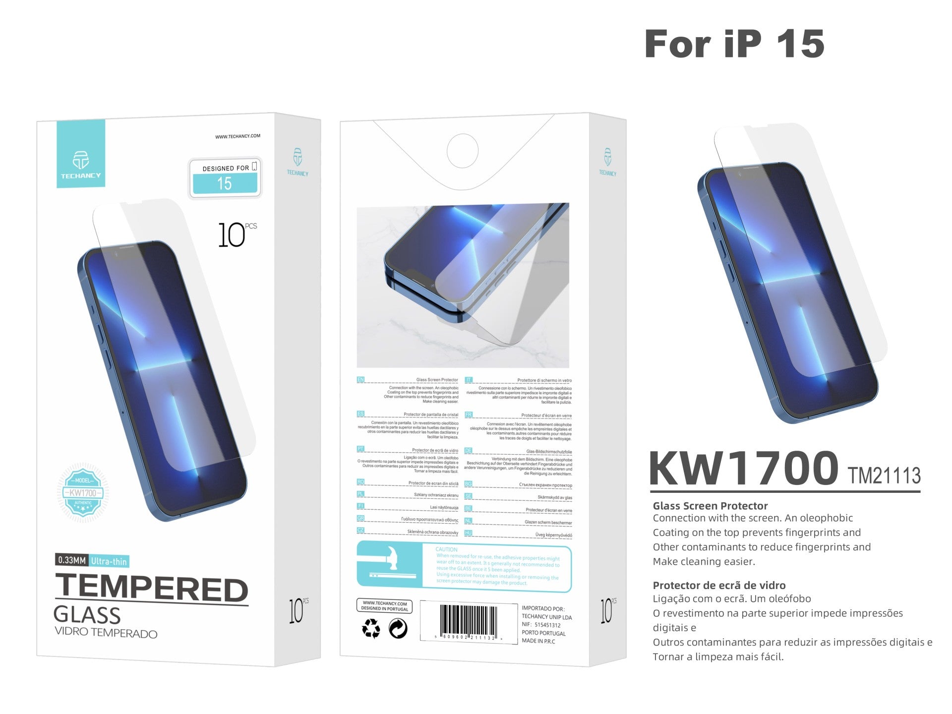 Techancy Película de Vidro Temperado para iPhone 15 KW1700 , 0.33MM, Anti-riscos, Alta Transparência, Fácil Aplicação