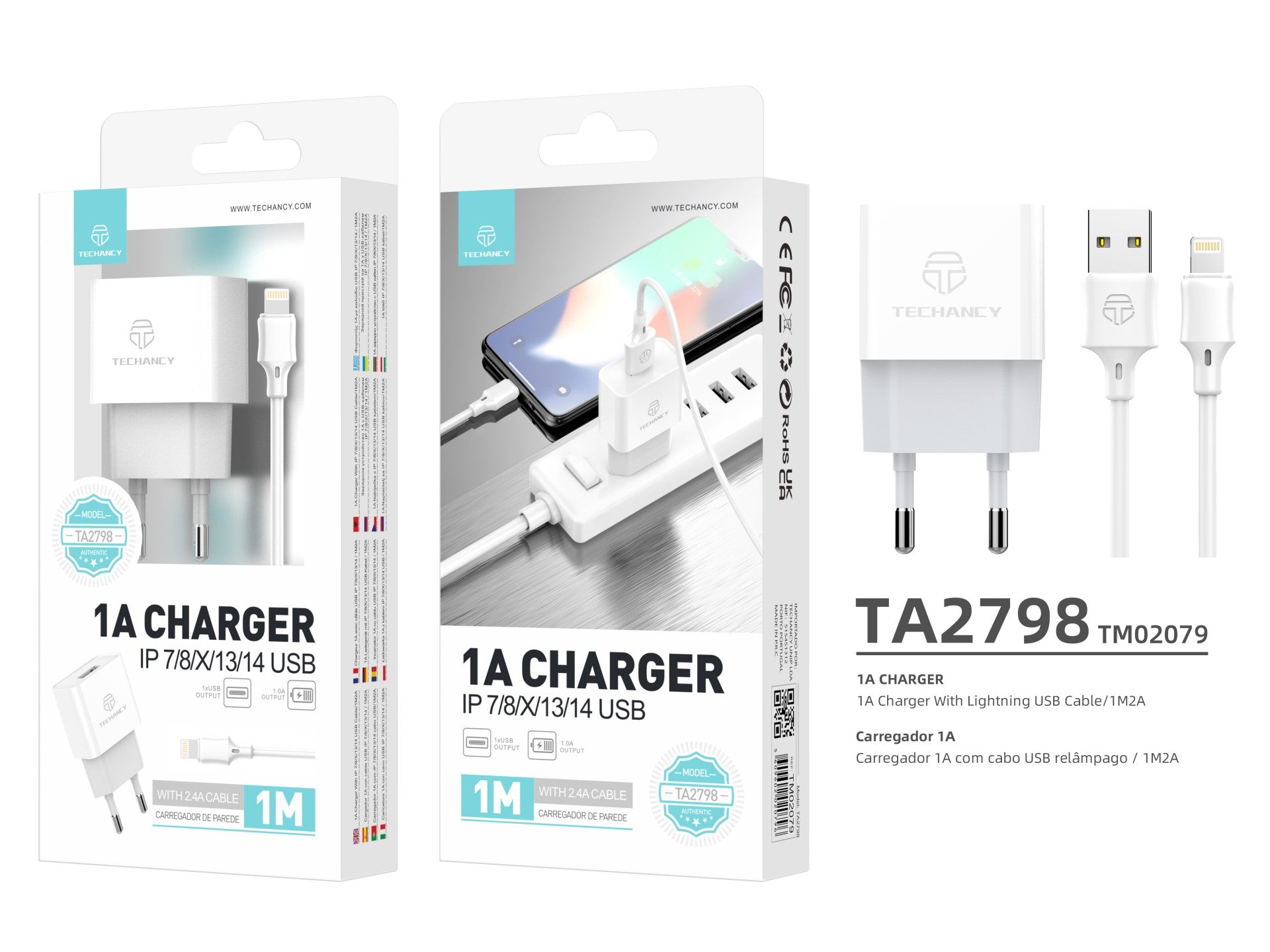 Techancy Carregador Usb Para Telemóvel Branco TA2776, Carregamento Estável 5v-1a Com Conjunto De Cabos Usb-Lightning 1m