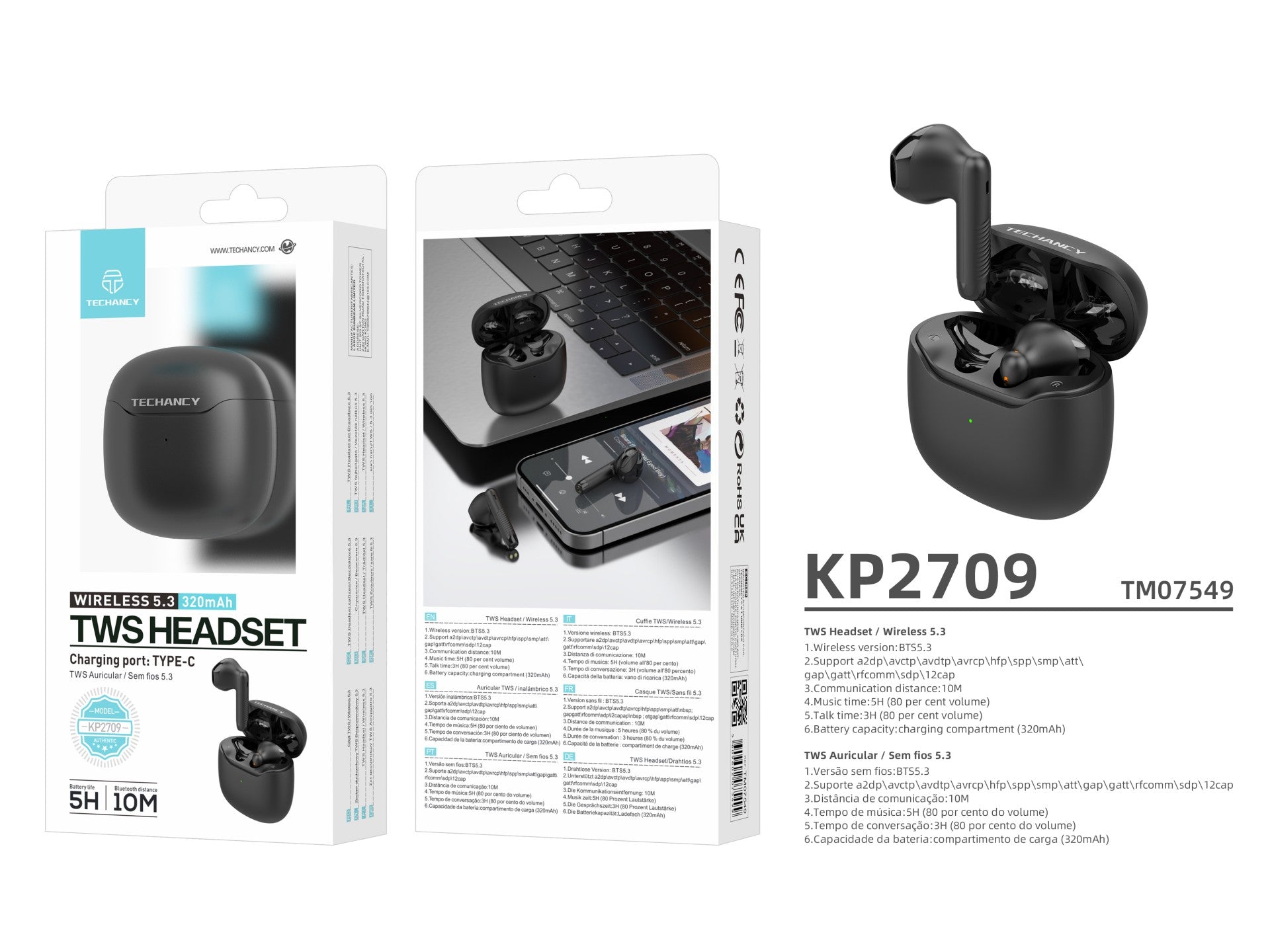 Techancy KP2709 TWS Wireless Earphones 5.3 Bluetooth Type C Port 10m Distance 5h Music Charging Case 320mAh Black
