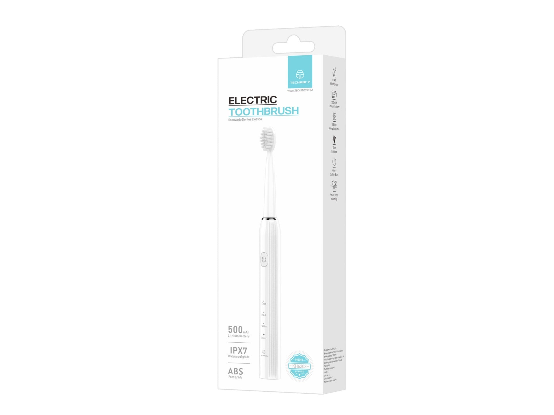 Techancy KH6203 White Electric Toothbrush, IPX7 Waterproof, Replaceable Brush Head, Rechargeable Battery