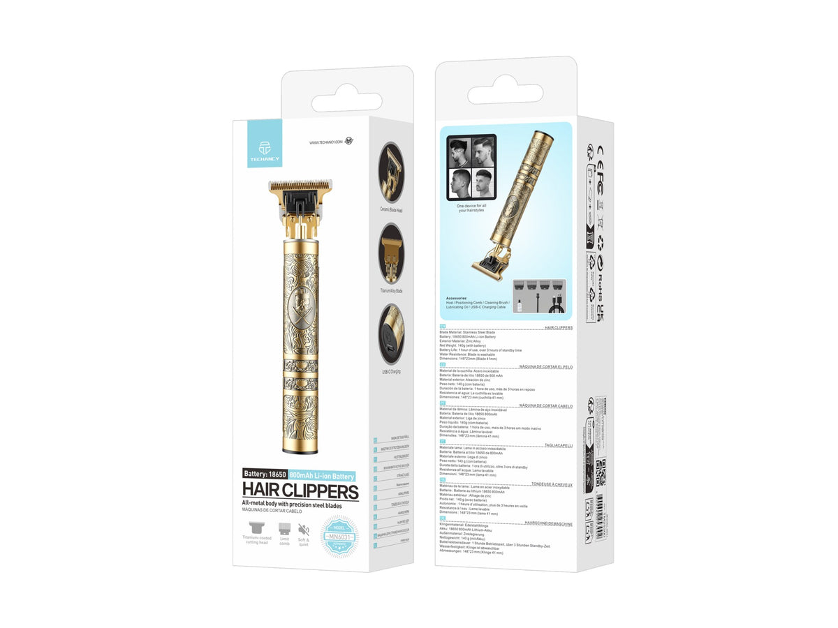 Techancy Maquina de Cortar Cabelo MN6031 com Lamina de Aco, Bateria 18650, USB-C, Corpo Metalico, Dourado