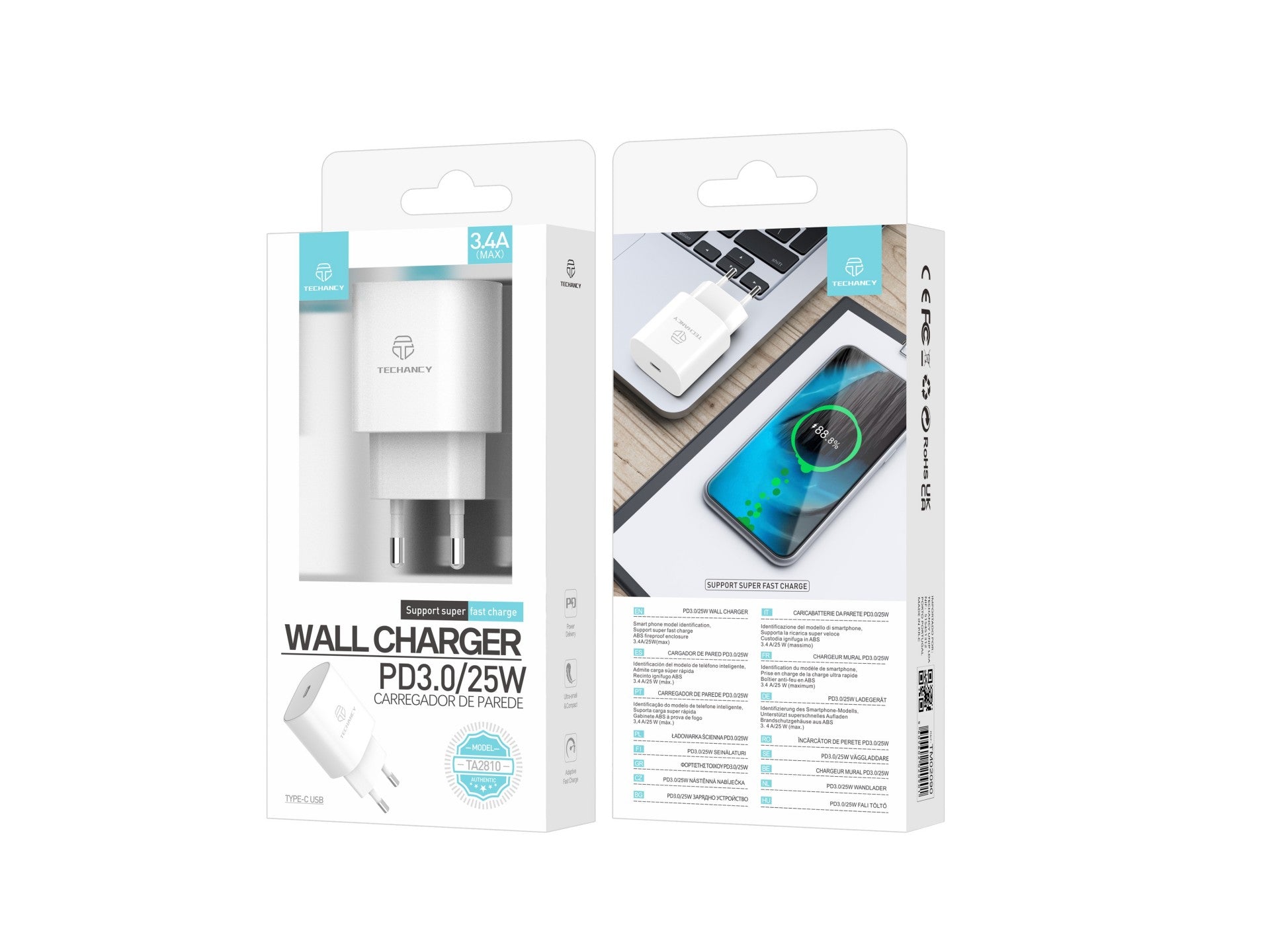 Techancy Carregador Pd3.0 De 25 W TA2810, Carregamento Rápido De 3,4 A, Chip Inteligente Incorporado, branco