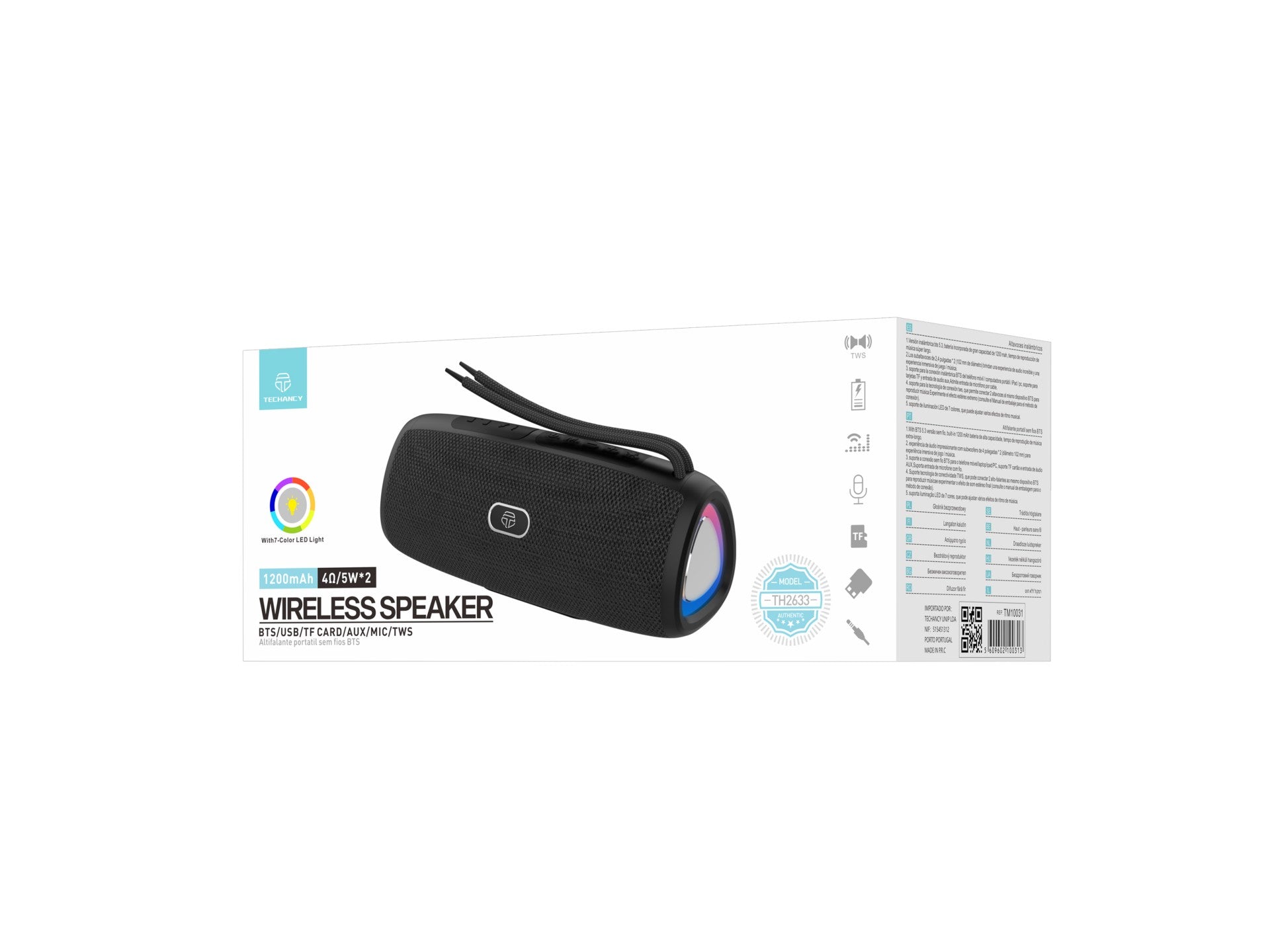 Altavoz Bluetooth inalámbrico Techancy versión 5.3TH2633, compatible con TWS/TF/AUX, luz ambiental LED RGB de 7 colores