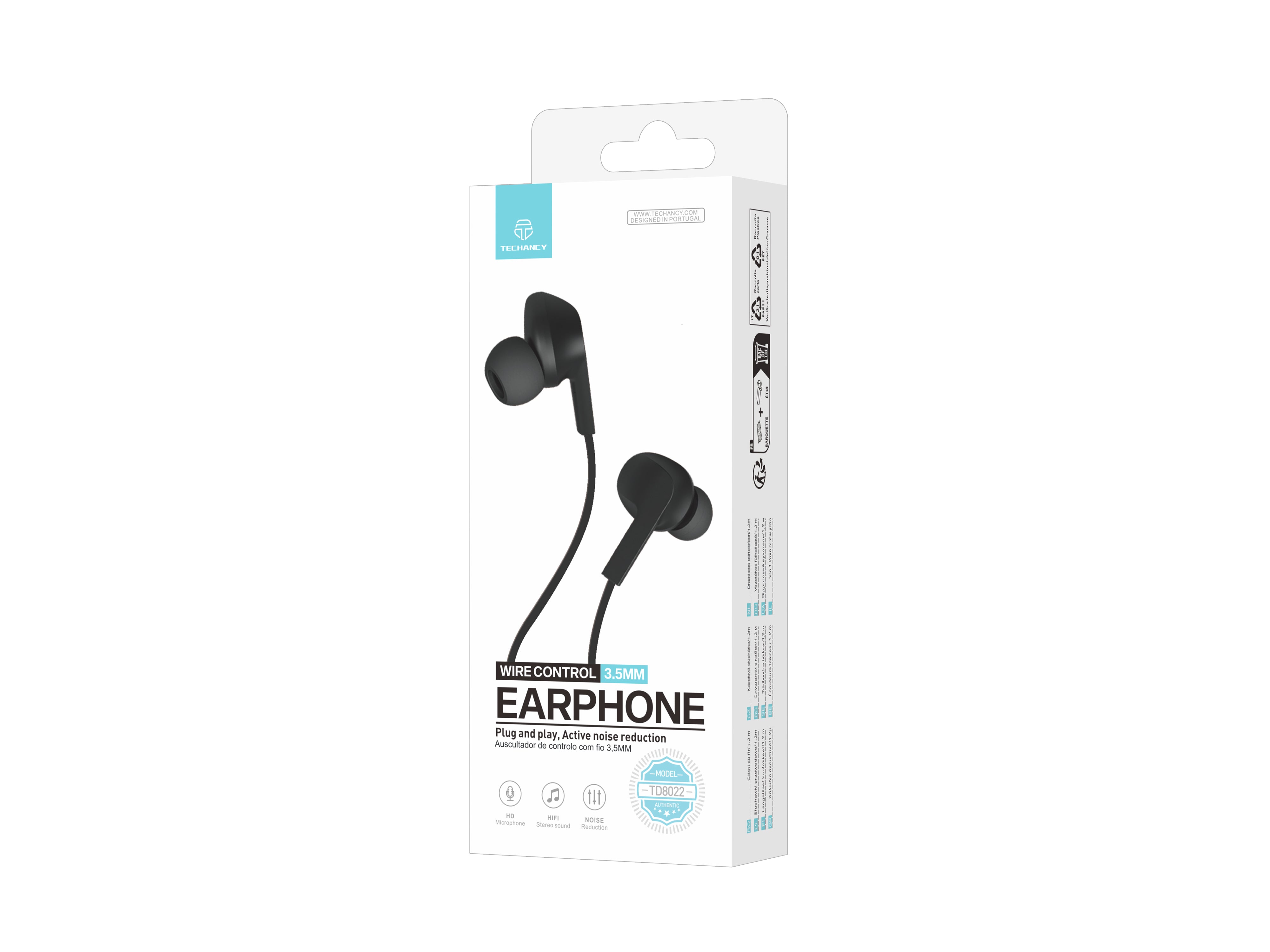 Techancy Wired Headset Black TD8022, Integrated Microphone, 3.5 mm, Compatible with Smartphones and Tablets
