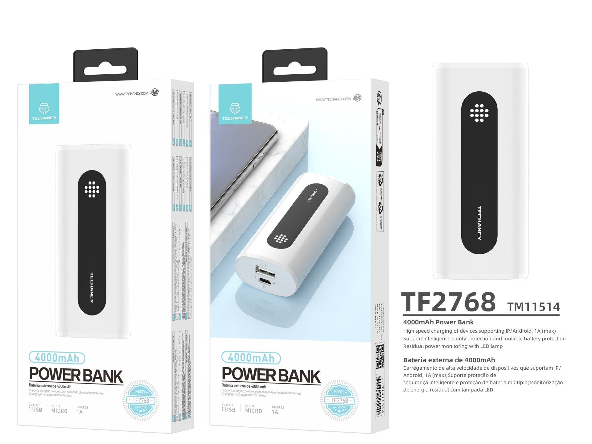 Techancy 4000mah Power Bank Branco TF2768,Carregamento De Telemóvel/Tablet Compatível Com 1a, Fonte De Alimentação Portátil