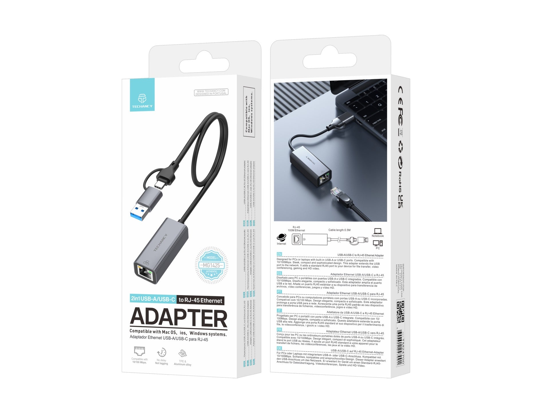 Adaptador Ethernet Techancy USB-A/USB-C a RJ-45 MG1425, compatible con sistemas Mac OS, iOS y Windows, 10/100 Mbps