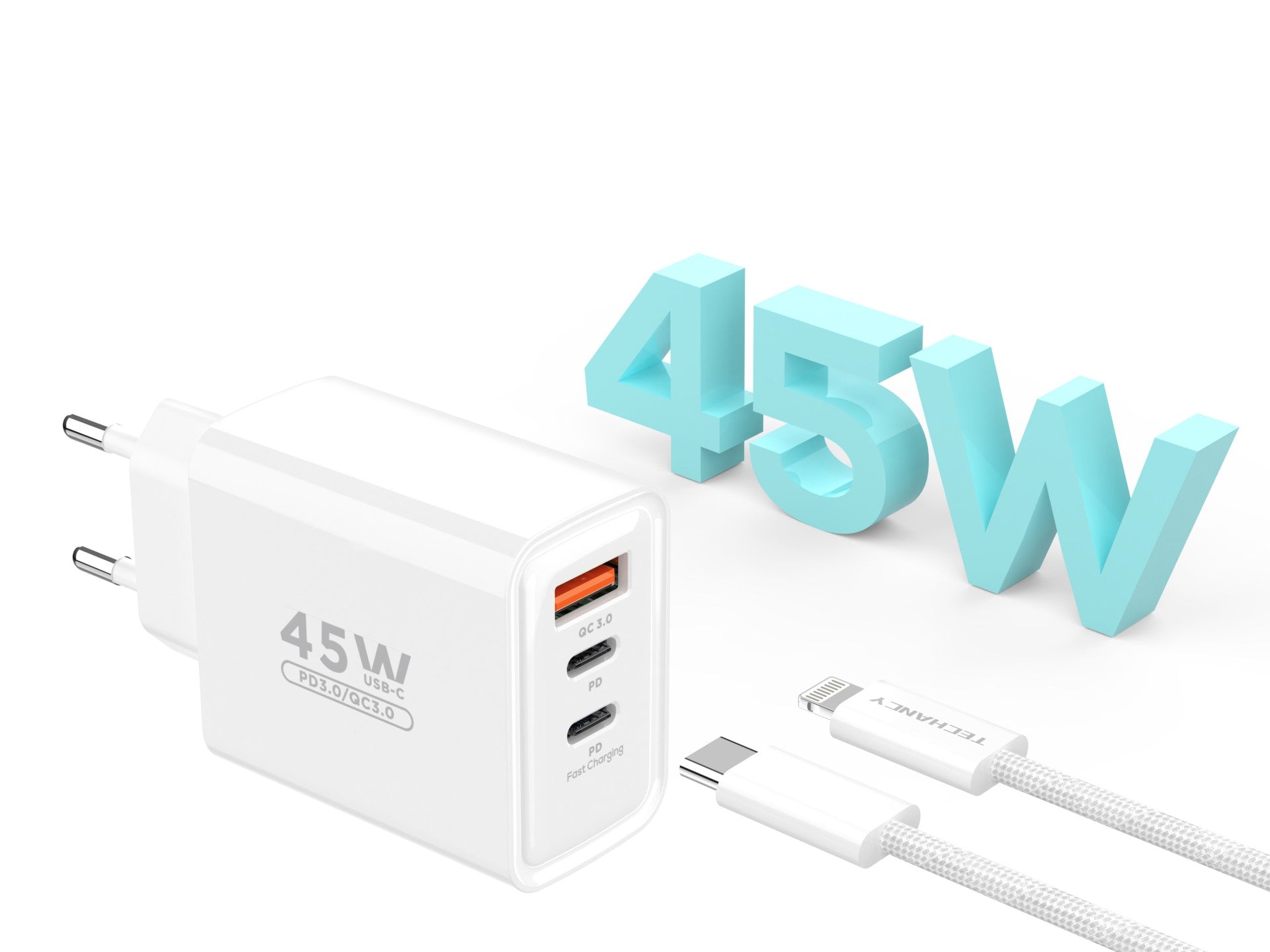 Techancy TA2822 USB-A+USB-C+USB-C Charger, 45W PD, with 1m USB-C to Lightning Cable, Compatible with iPhone 7/8/XS/11-14