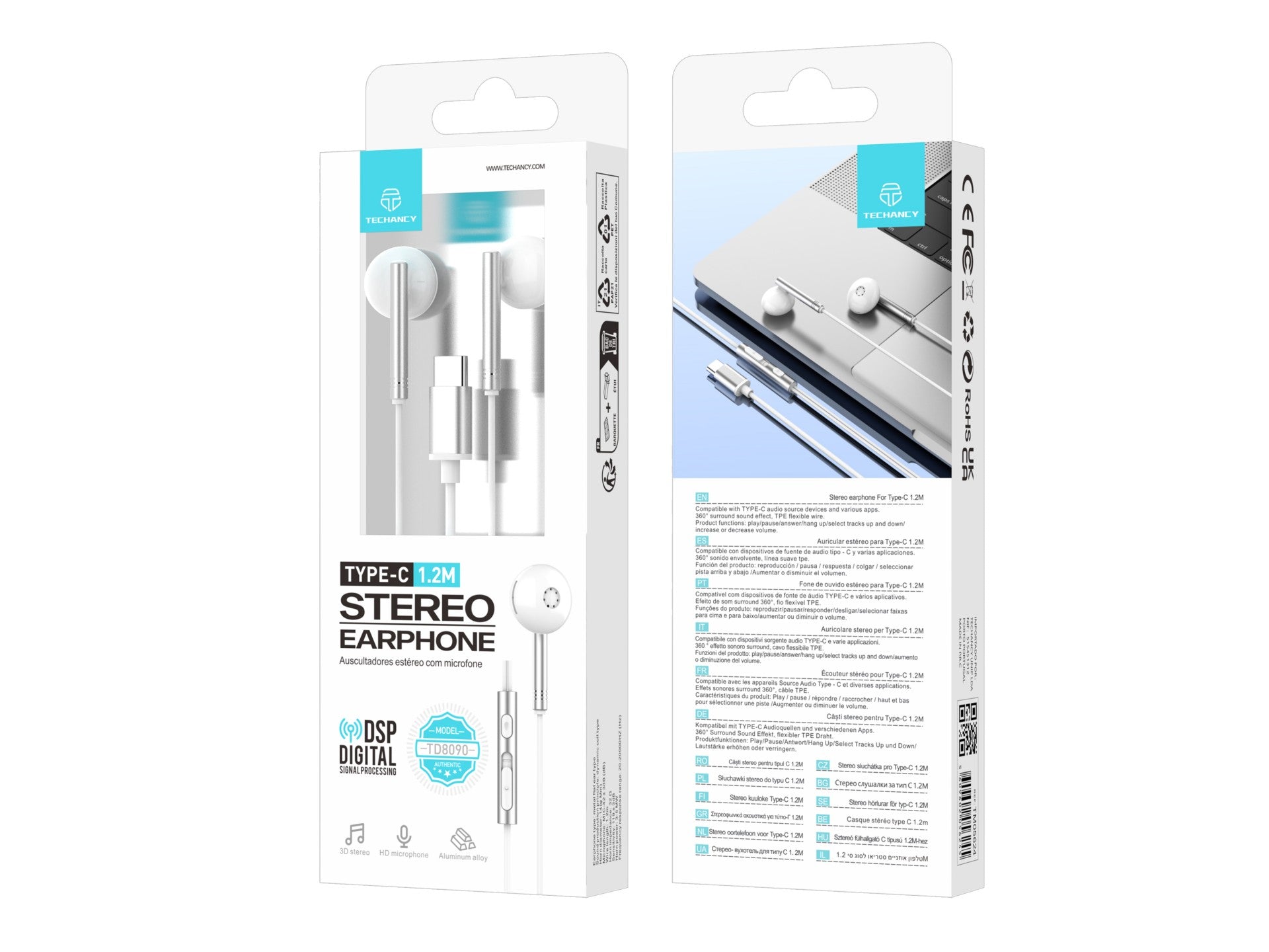Techancy Auscultadores Estéreo Em Metal Branco TD8090, Porta Dsp/Type-C Compatível Com Samsung/Huawei/Xiaomi, Etc.