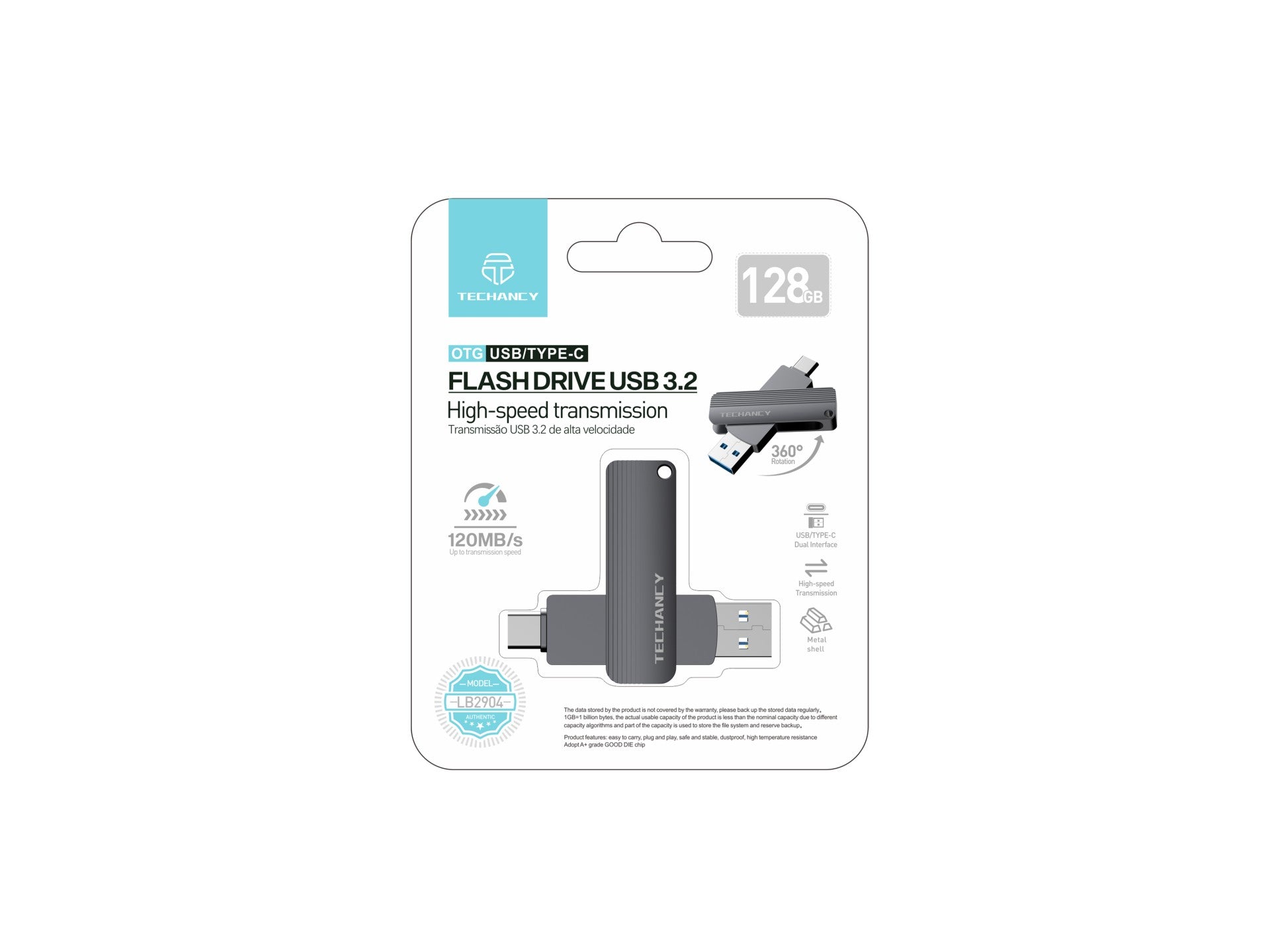 Techancy Unidade Flash Usb3.2 De Alta Velocidade LB2904, 128 GB, Conetor 2 Em 1 Tipo C E Usb-A, Compatível Com Pc/Móvel/Mac