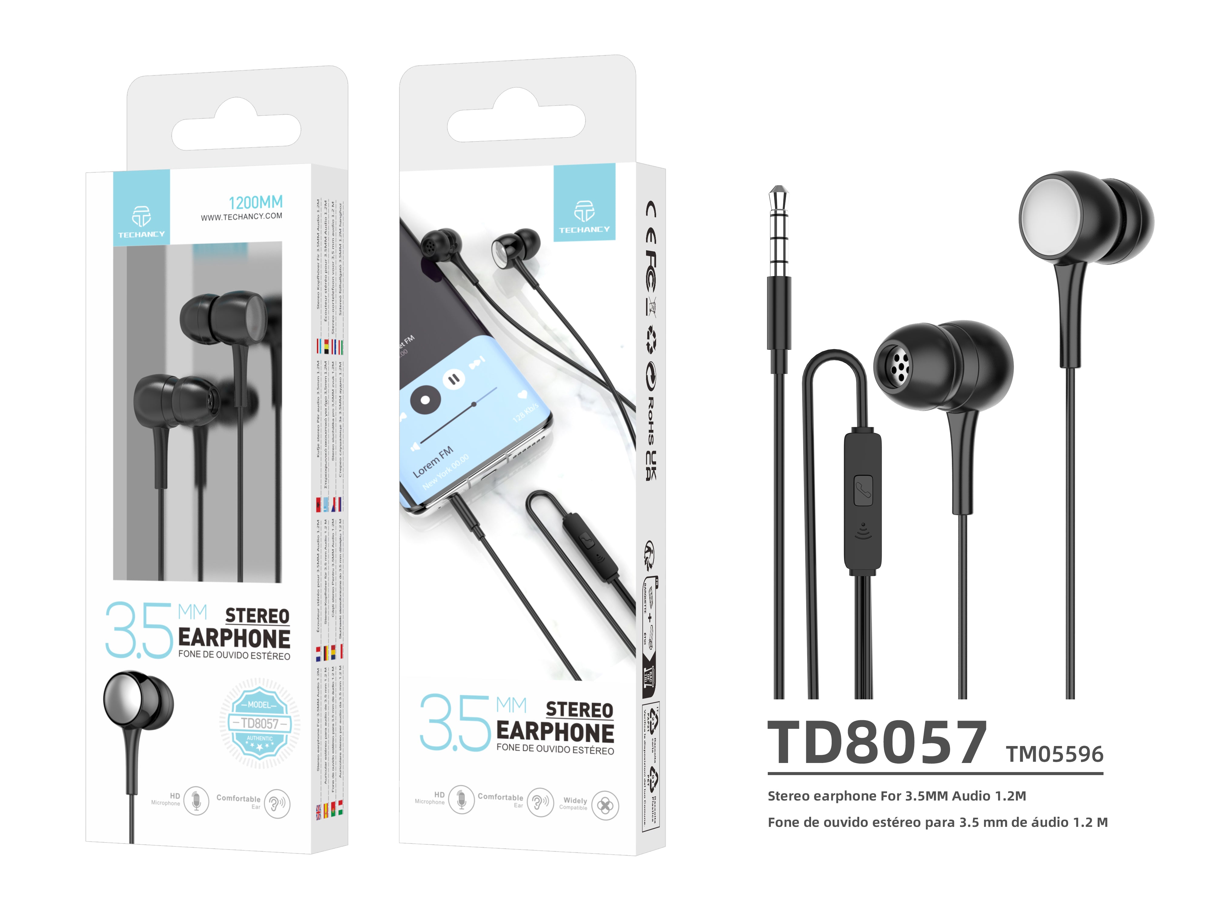 Techancy Auscultadores Intra-Auriculares Com Fios Pretos 1,2 M TD8057, Tomada De 3,5 Mm Compatível Com Telemóveis/Pc/Mp3, Etc.