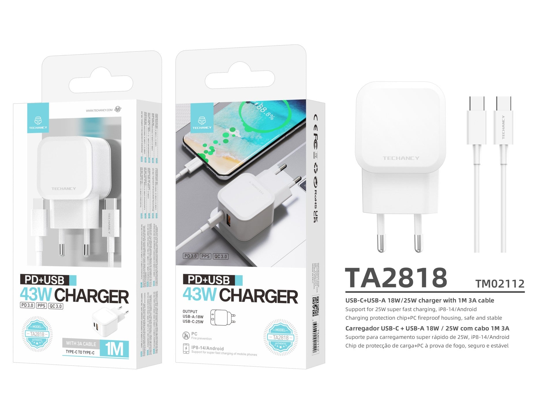 Techancy 43W White Fast Charger TA2813, Dual PD+USB Port, USB-C to USB-C Cable Set 1m/30W