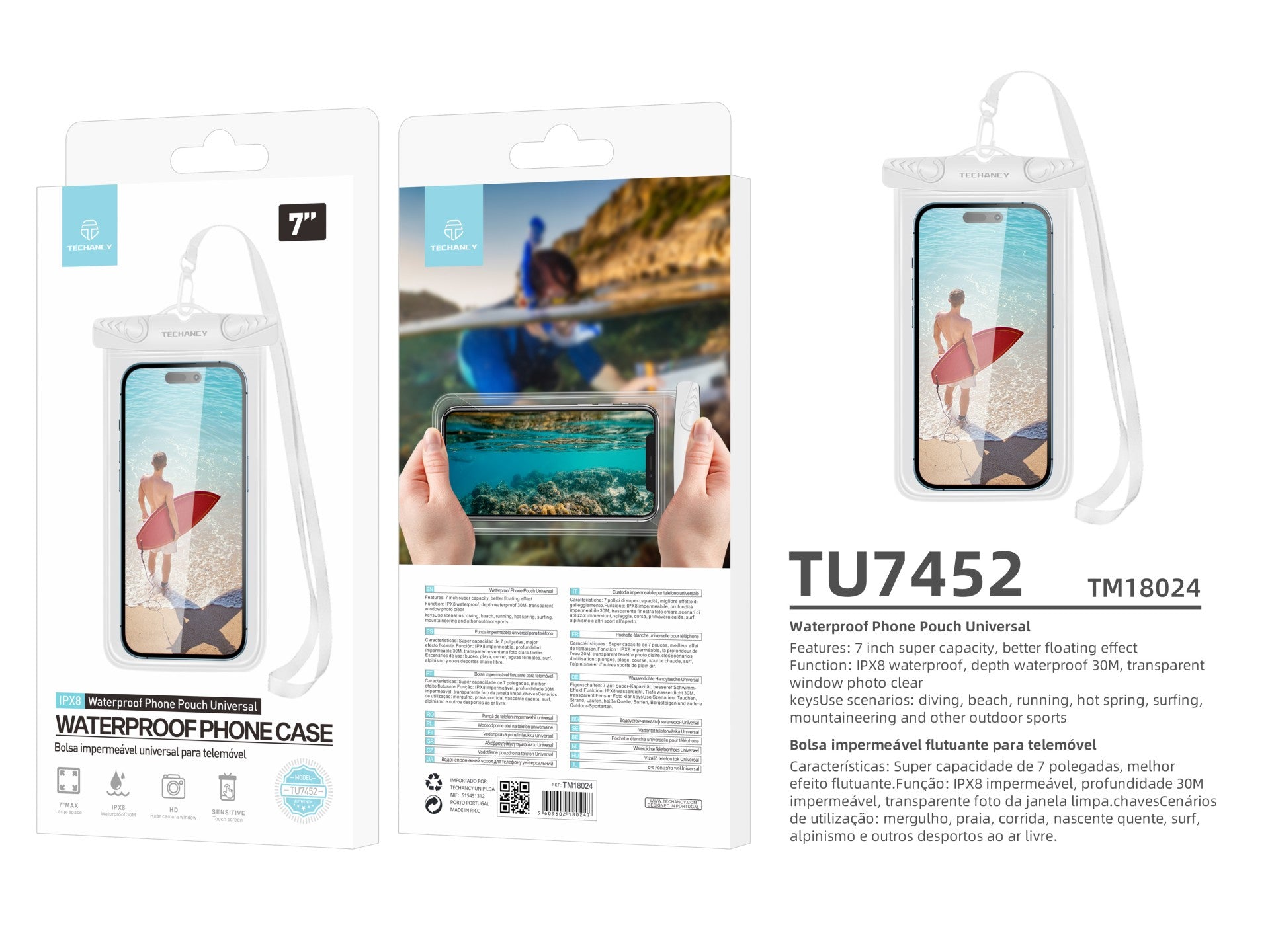 Techancy Bolsa Para Telemóvel À Prova De Água De 7,0 Polegadas Da TU7451 À Prova De Água Ipx8, Fotos Nítidas, Branca