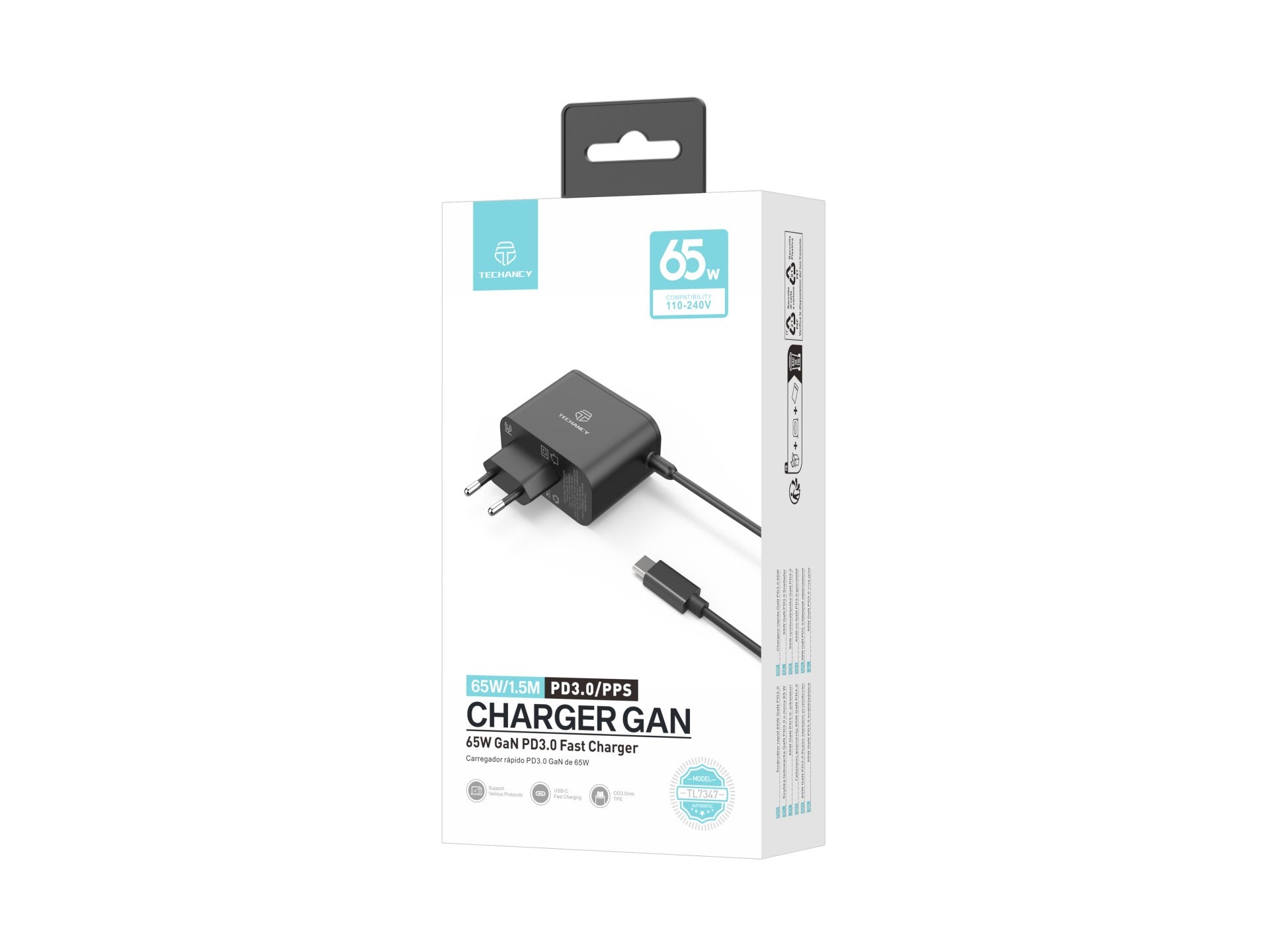 Techancy Carregador Rápido GaN USB-C de 65W TL7347, pequeno e portátil, compatível com vários dispositivos