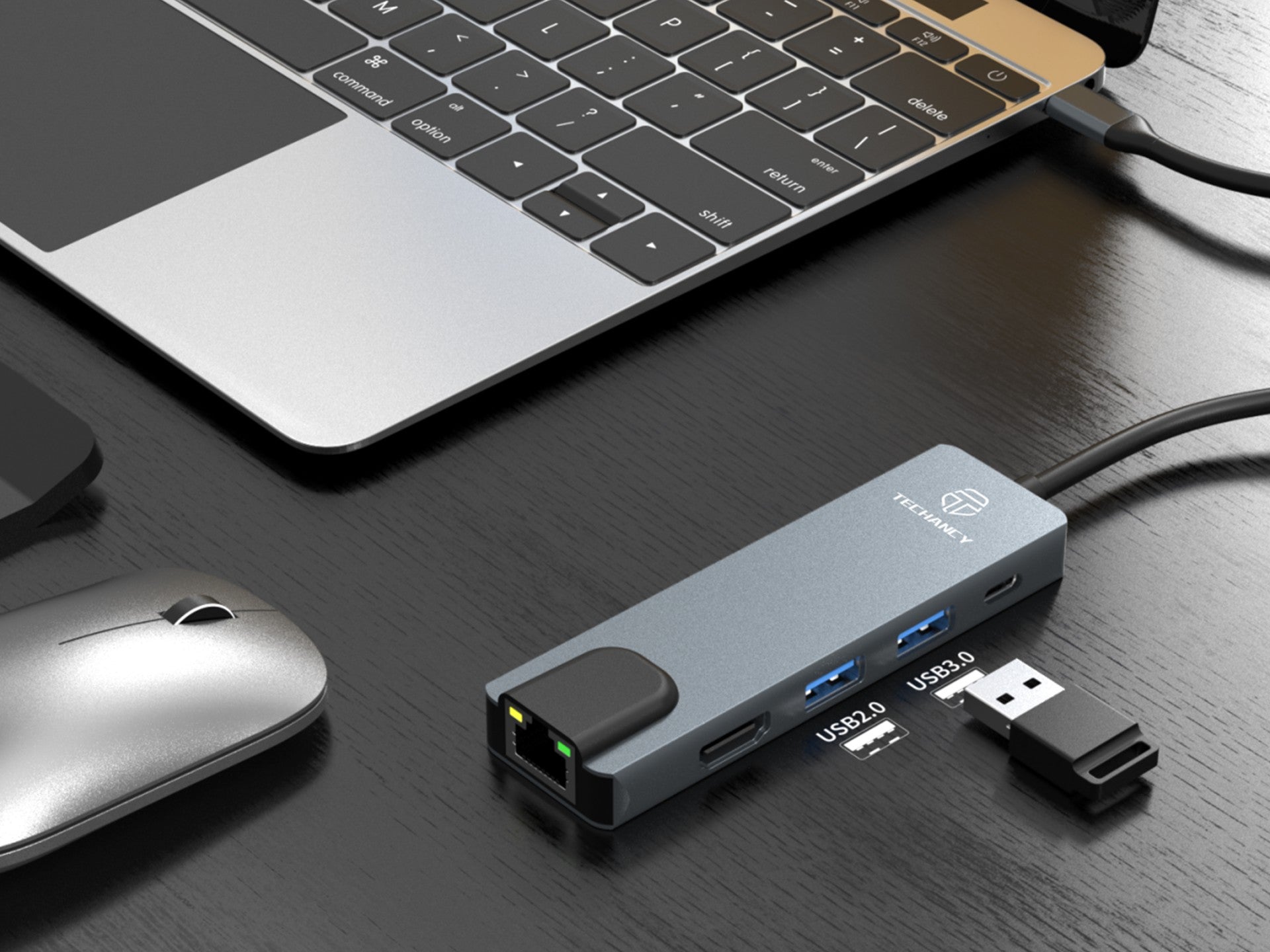 Techancy Hub USB-C 5 em 1 KT2910 com HDTV, PD, USB 3.0/2.0 e RJ45, Compativel com PC e Telemovel, Cinzento