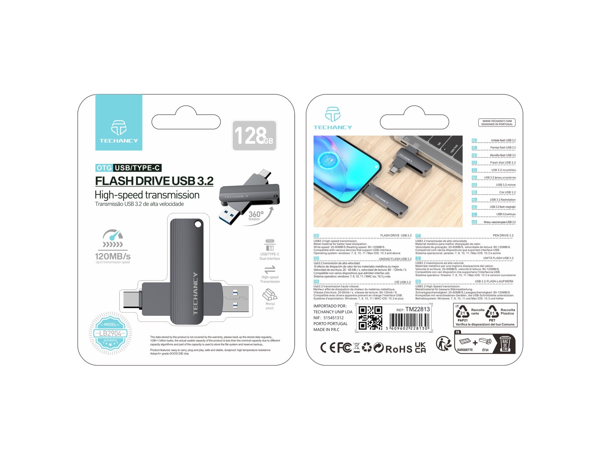 Techancy Unidade Flash Usb3.2 De Alta Velocidade LB2904, 128 GB, Conetor 2 Em 1 Tipo C E Usb-A, Compatível Com Pc/Móvel/Mac