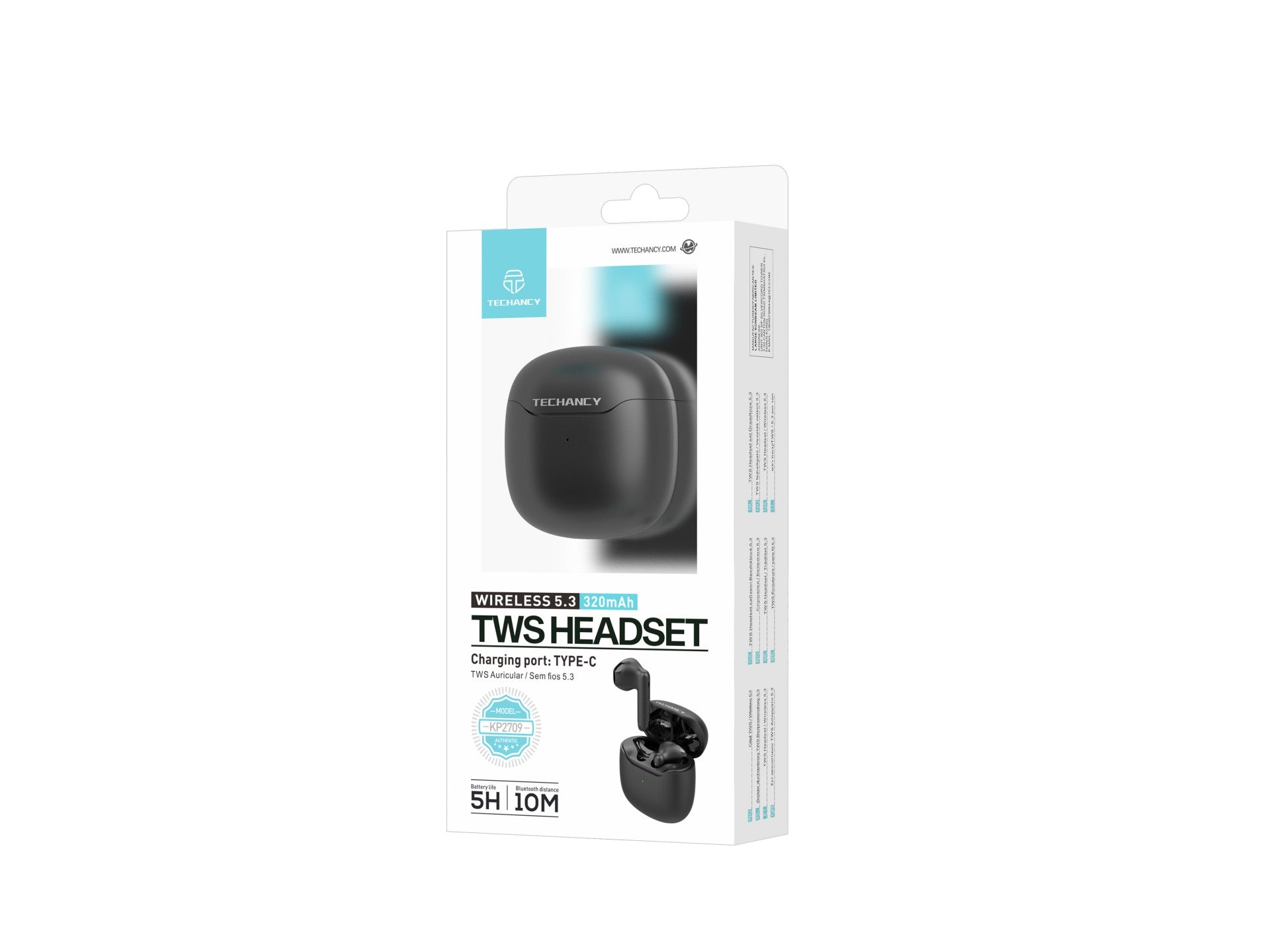Techancy KP2709 TWS Wireless Earphones 5.3 Bluetooth Type C Port 10m Distance 5h Music Charging Case 320mAh Black