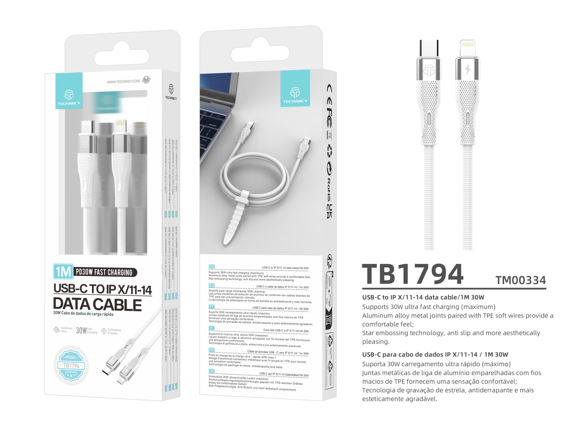 Techancy Cabo De Carregamento Rápido Pd Usb C Para Lightning Branco TB1779, Carregamento Rápido De 30 W, Comprimento 1 M