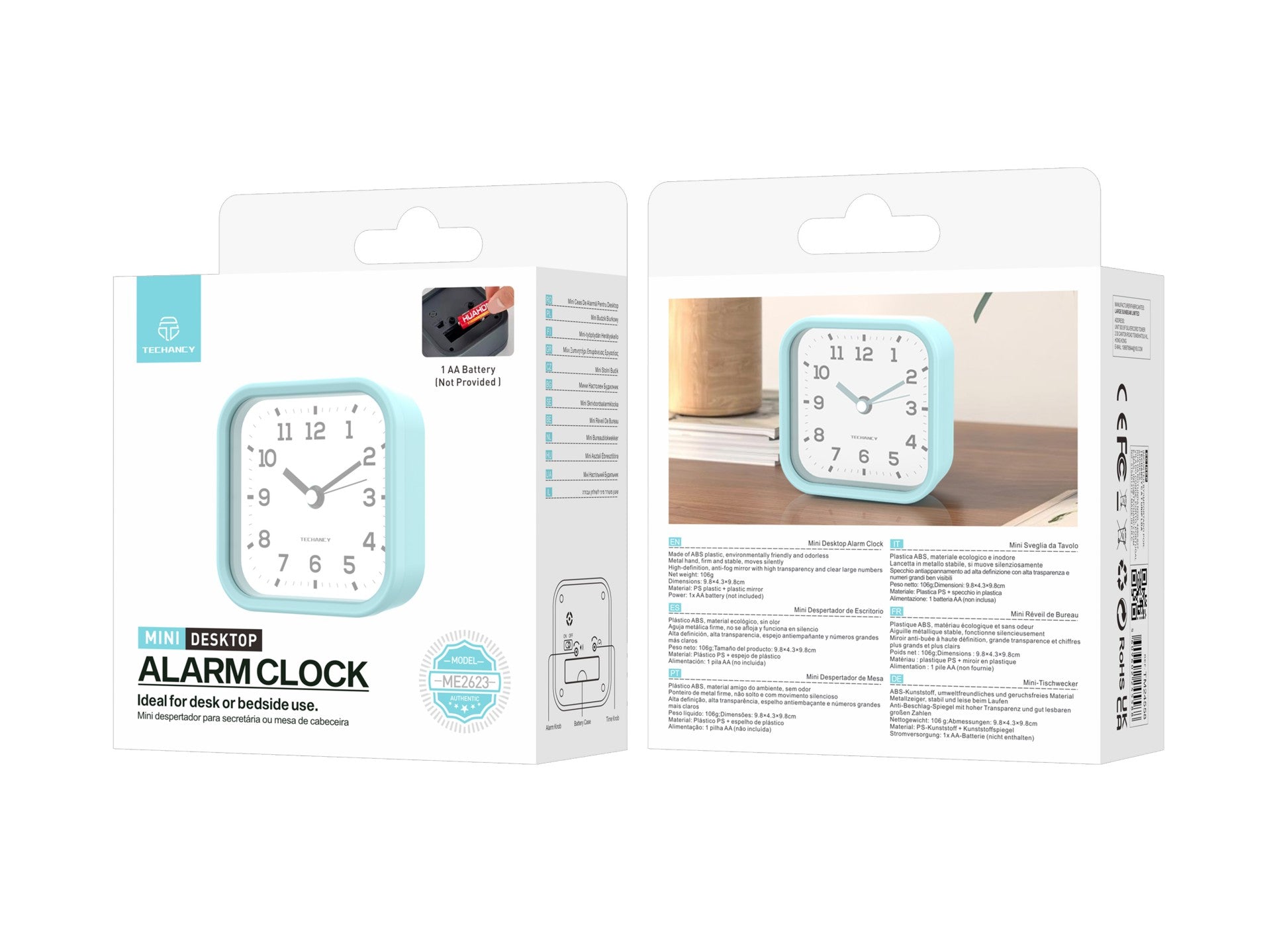 Techancy Mini ME2623 Silent Desk Alarm Clock, Large Numbers, Mirror, HD ABS Body, Portable for Bedroom and Office, Blue Color