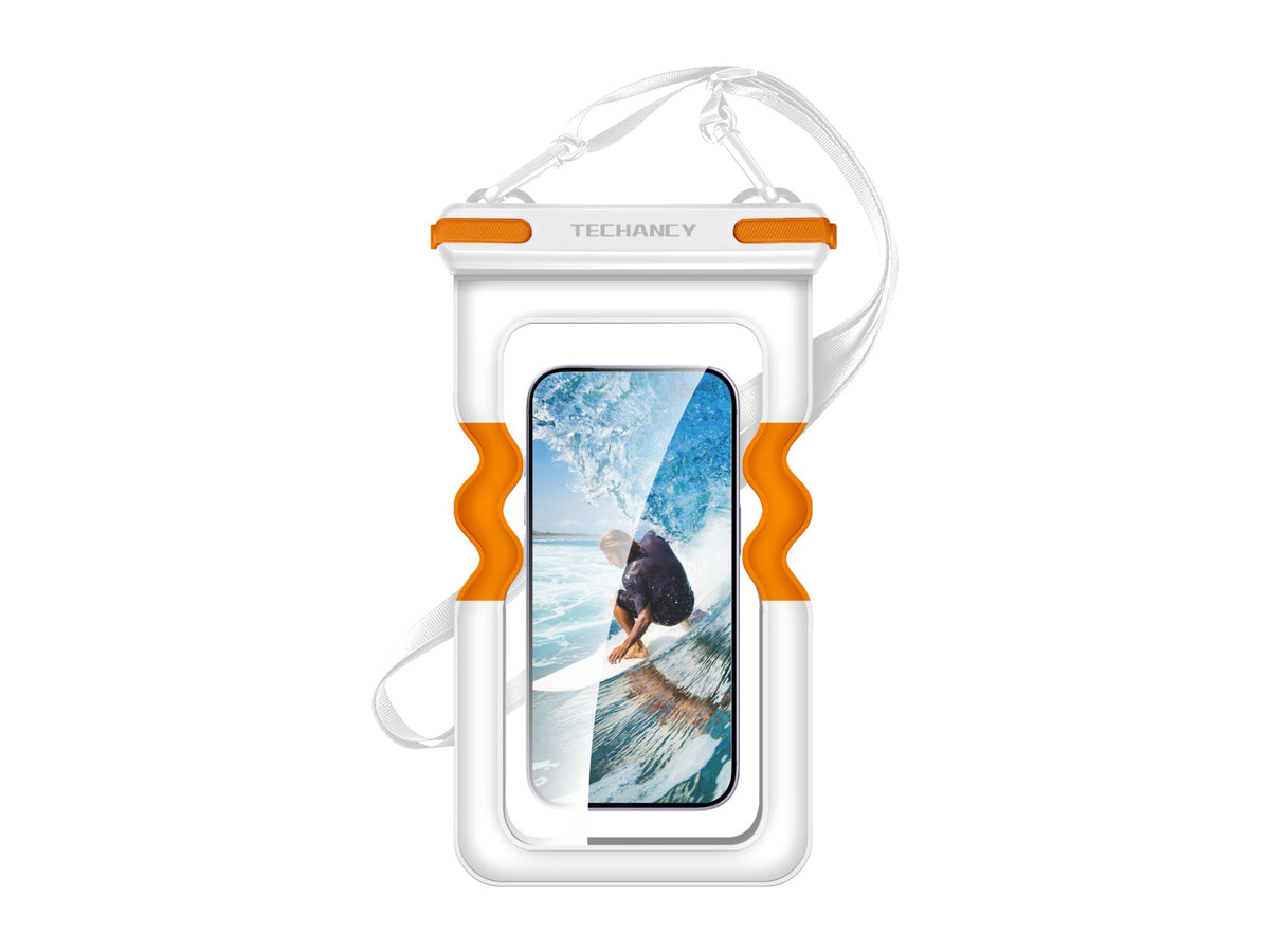 Bolsa Impermeavel Insuflavel para Telemovel Techancy TU7454, 7 Polegadas, IPX8, Ate 30m, Flutuante, Ecra Tatil, Branco e Laranja