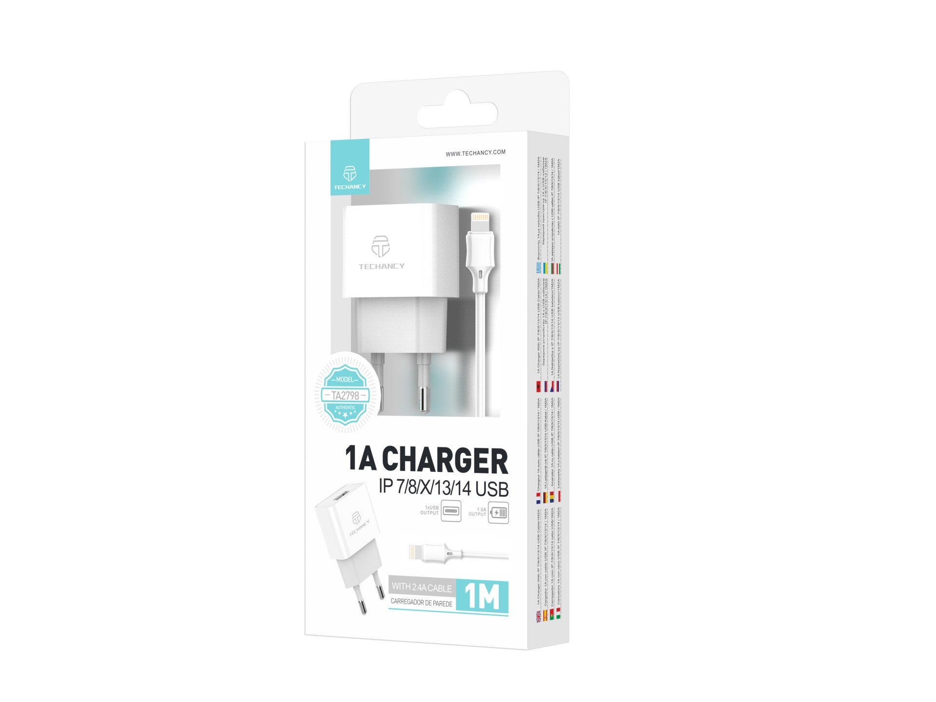 Techancy Carregador Usb Para Telemóvel Branco TA2776, Carregamento Estável 5v-1a Com Conjunto De Cabos Usb-Lightning 1m