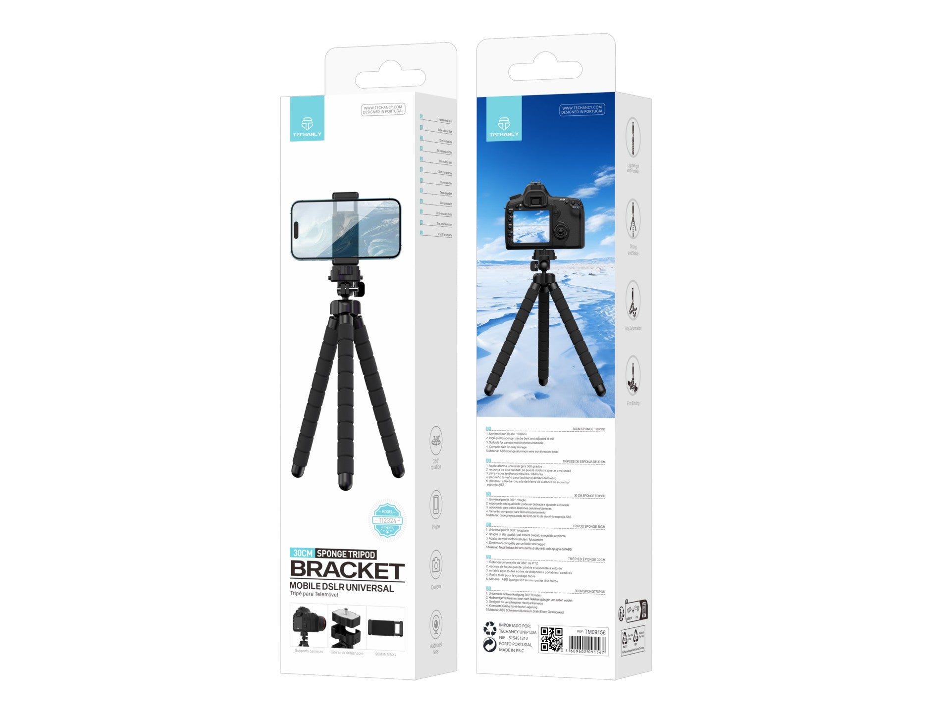 Techancy Tripé De 30 Cm Preto Ti2323, Rotação De 360° Com Pernas Dobráveis, Inclui Cabeça Esférica, Suporta Câmaras E Telemóveis