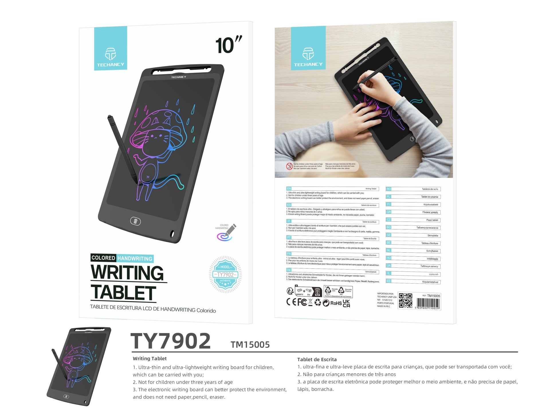 Techancy Tablet De Desenho De Caligrafia 10' TY7902, Lcd Para Desenho A Cores, Fino E Portátil, Apagar Com Um Toque, Preto