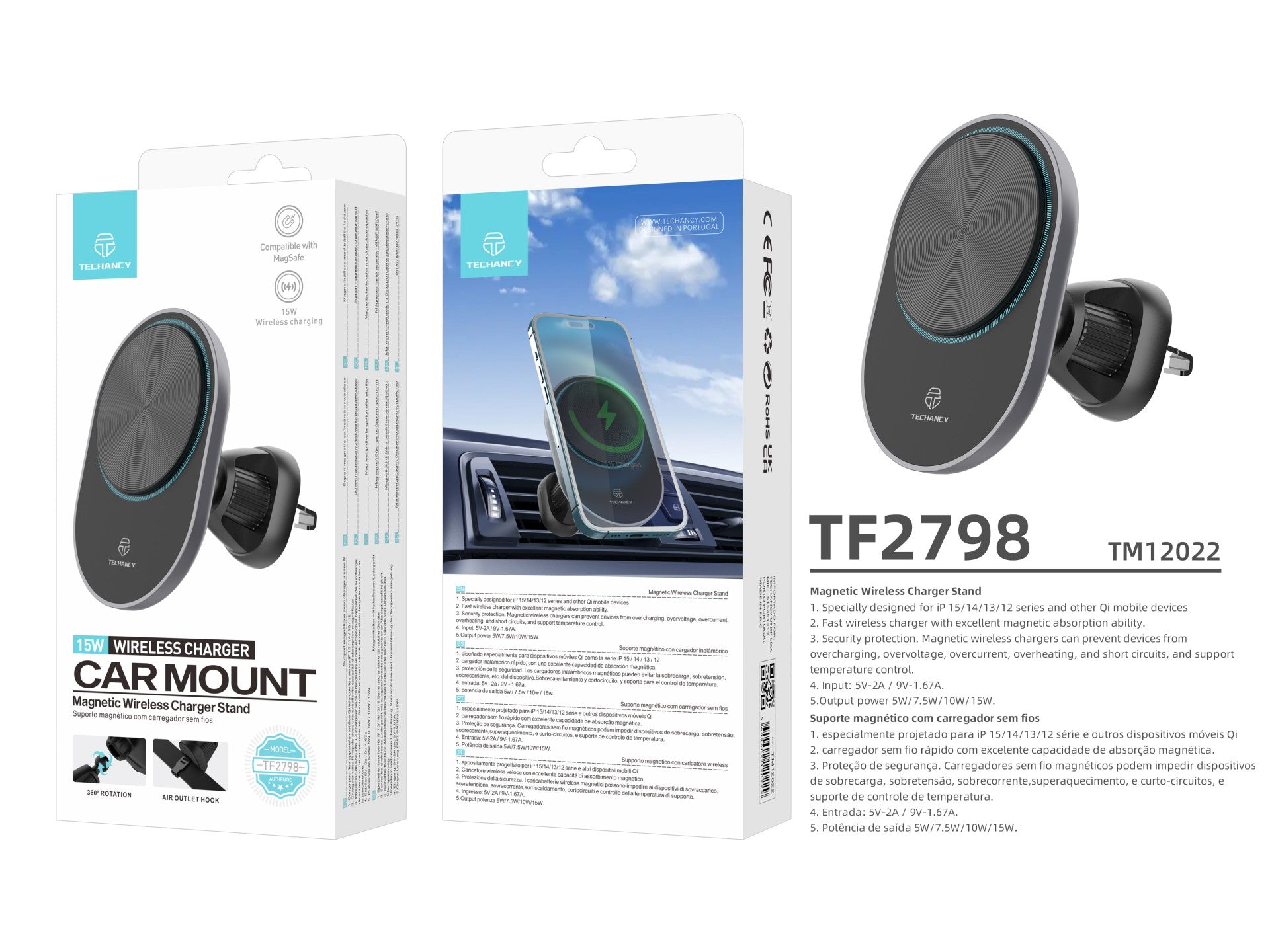 Techancy Magnetic Phone Holder with Wireless Charger TF2798 Black, MagSafe Compatible, 15W Wireless Charging
