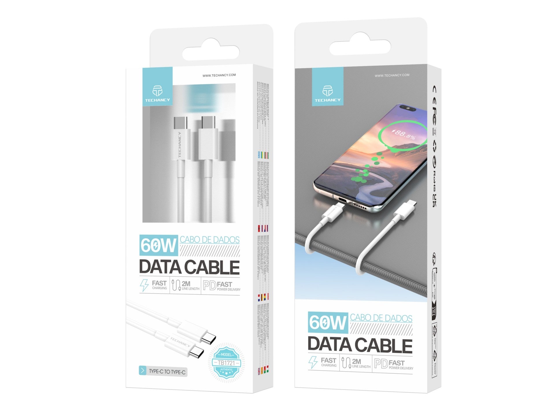 Techancy Cabo De Dados TB1721 Branco, Type-C Para Type-C, Carregamento Rápido 60w, 2m, Transmissão De Dados