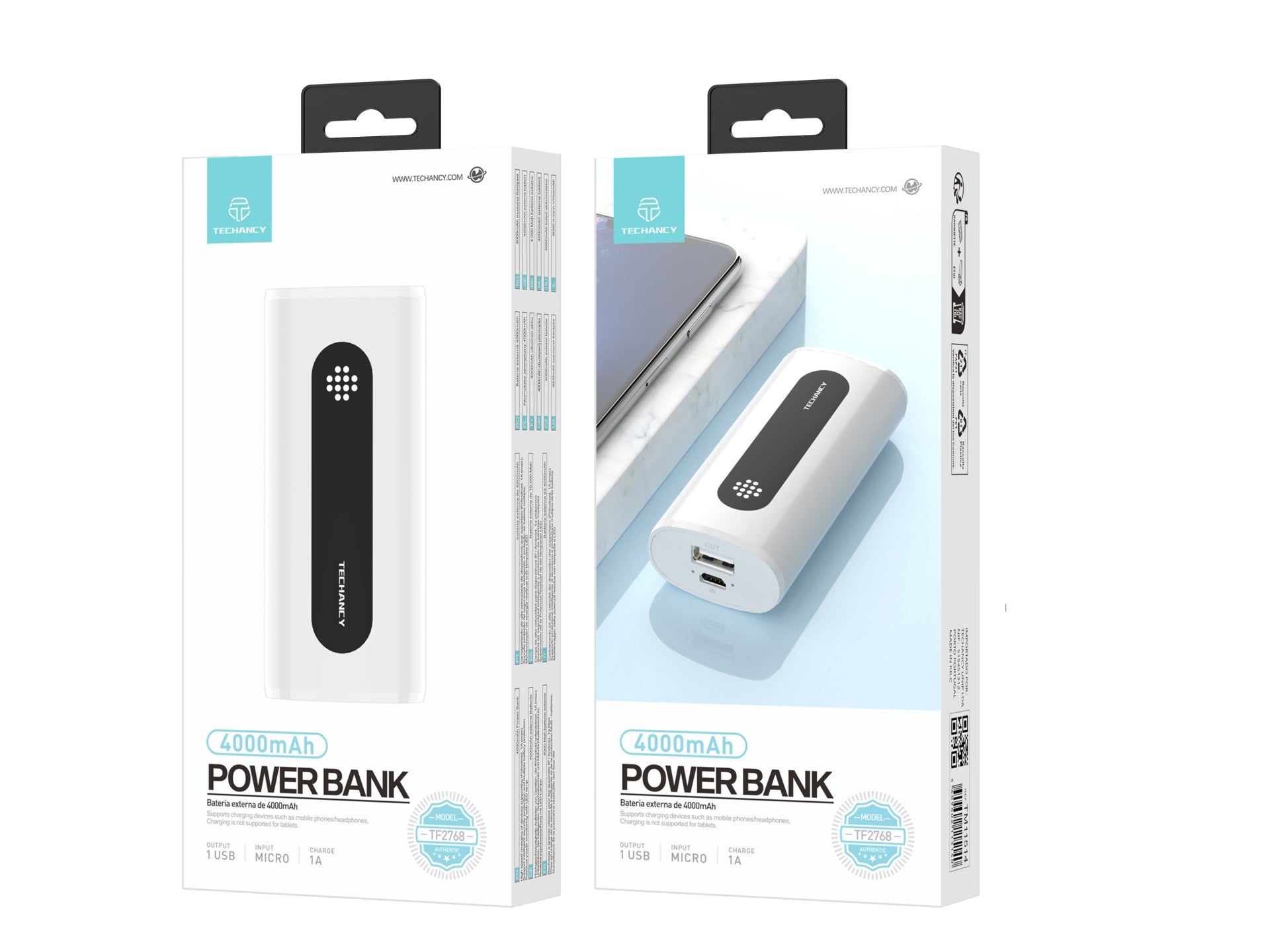 Techancy 4000mah Power Bank Branco TF2768,Carregamento De Telemóvel/Tablet Compatível Com 1a, Fonte De Alimentação Portátil