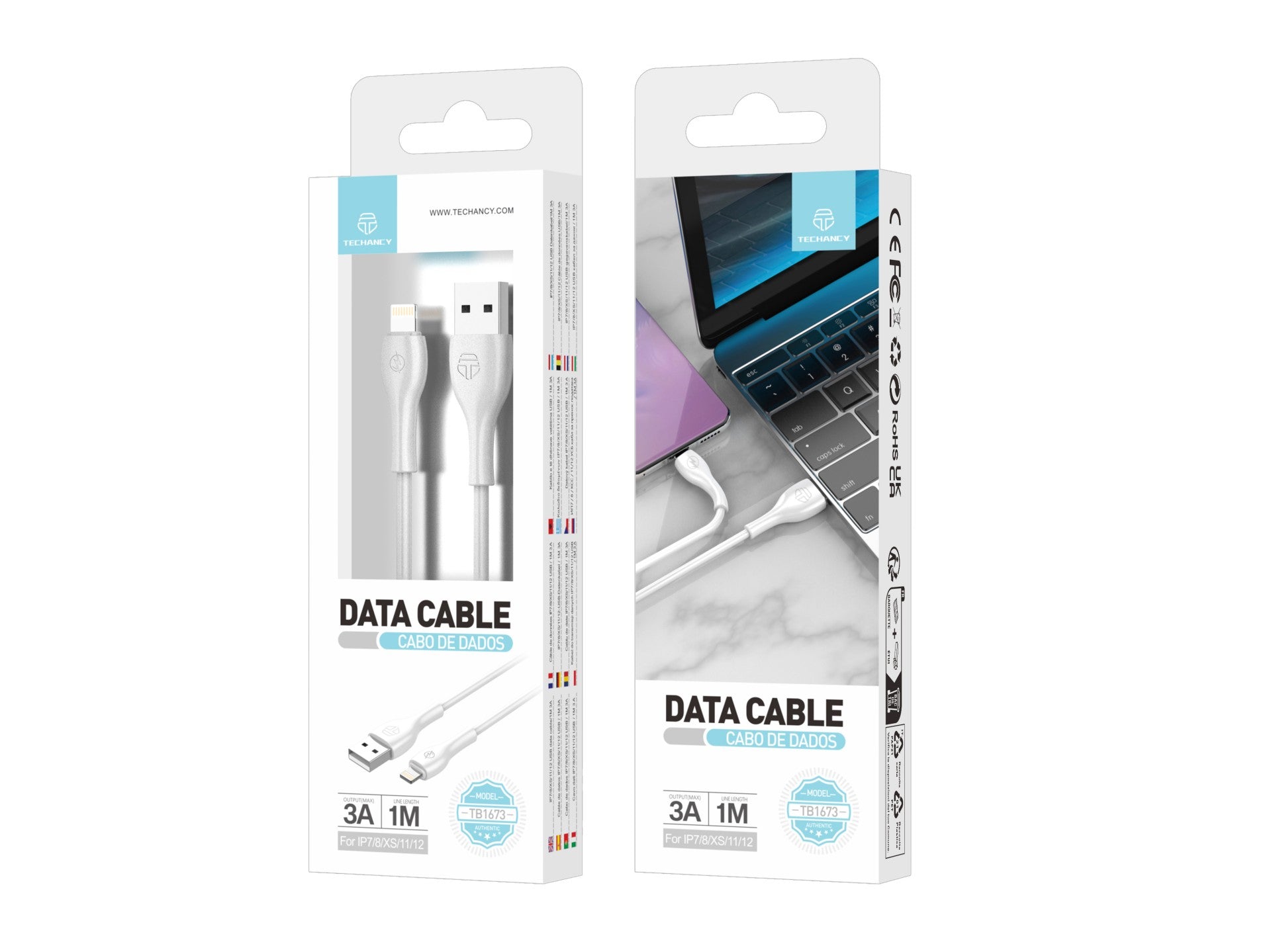 Techancy Cabo De Dados 1m Branco TB1673, Porta Usb Lightning 3a De Carregamento Rápido, Adequado Para Muitos Dispositivos