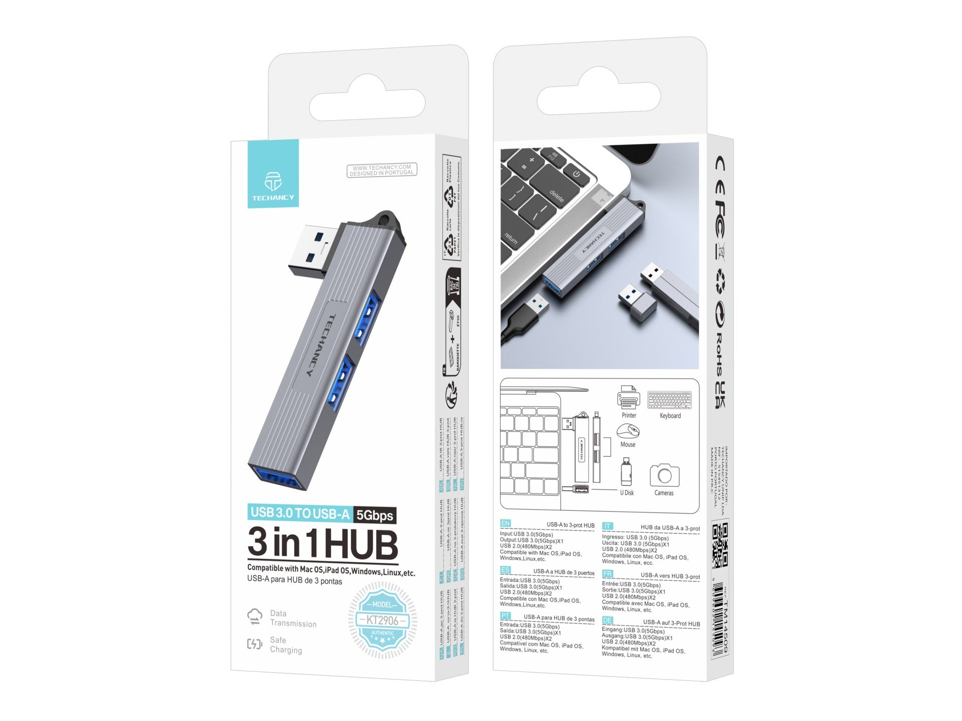 Techancy USB-A a USB 3.0 3 en 1 Techancy KT2906, compatible con Mac OS/iPad OS/Windows, velocidad de transmisión de 5 Gbps, carga segura