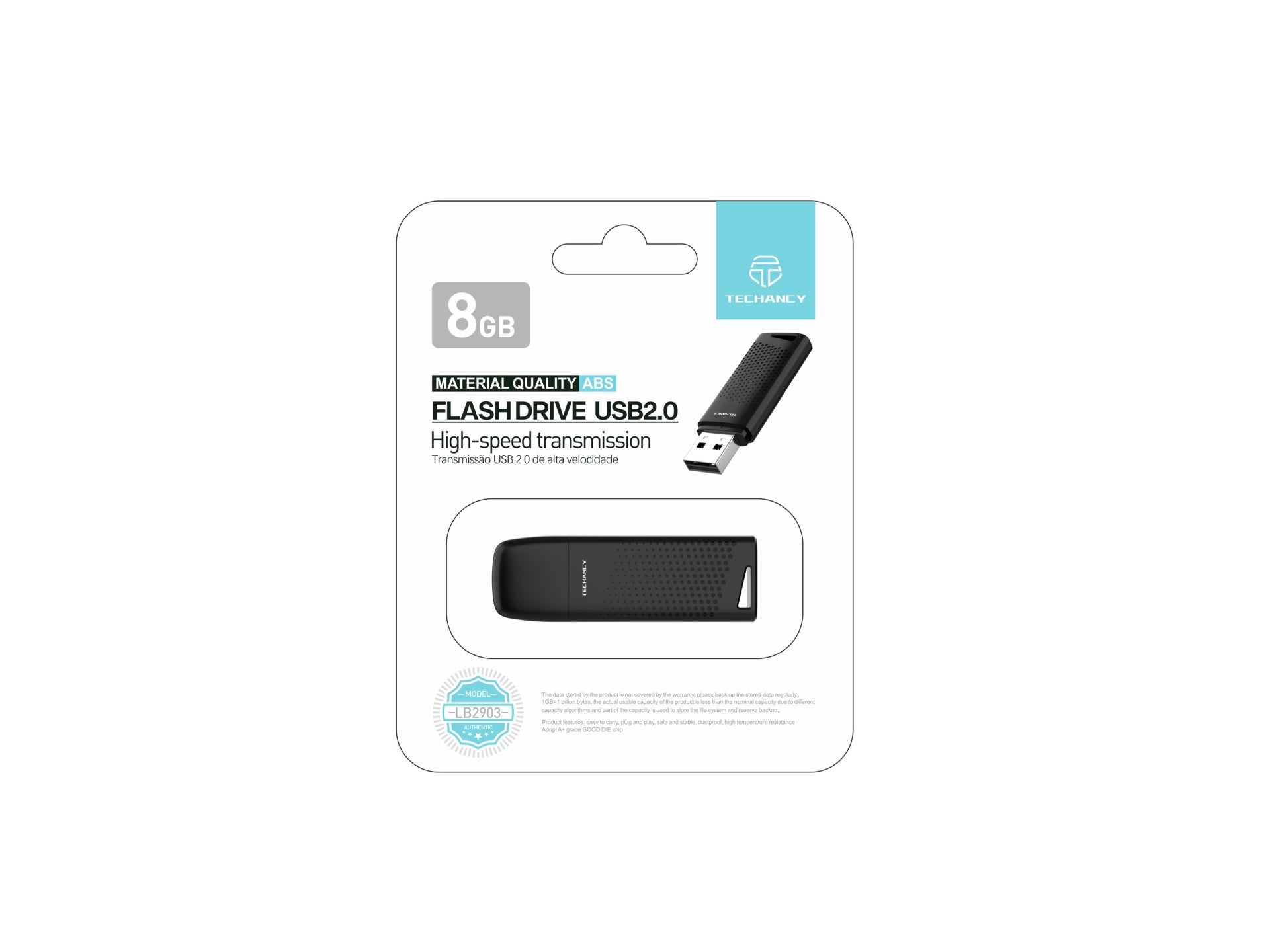 Techancy USB Flash Drive 8GB Preto LB2903, Usb 2.0, Compatível com PC/Mobile/Mac, Armazenamento seguro de ficheiros