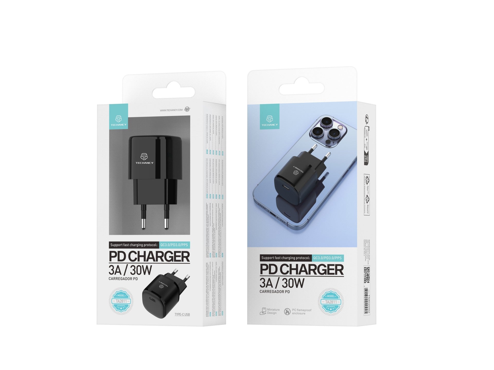 Techancy Carregador Pd 30w Usb C Preto TA2811, Cabo De Carregamento Rápido Adapt Pd, Compatível Com Android/Apple.