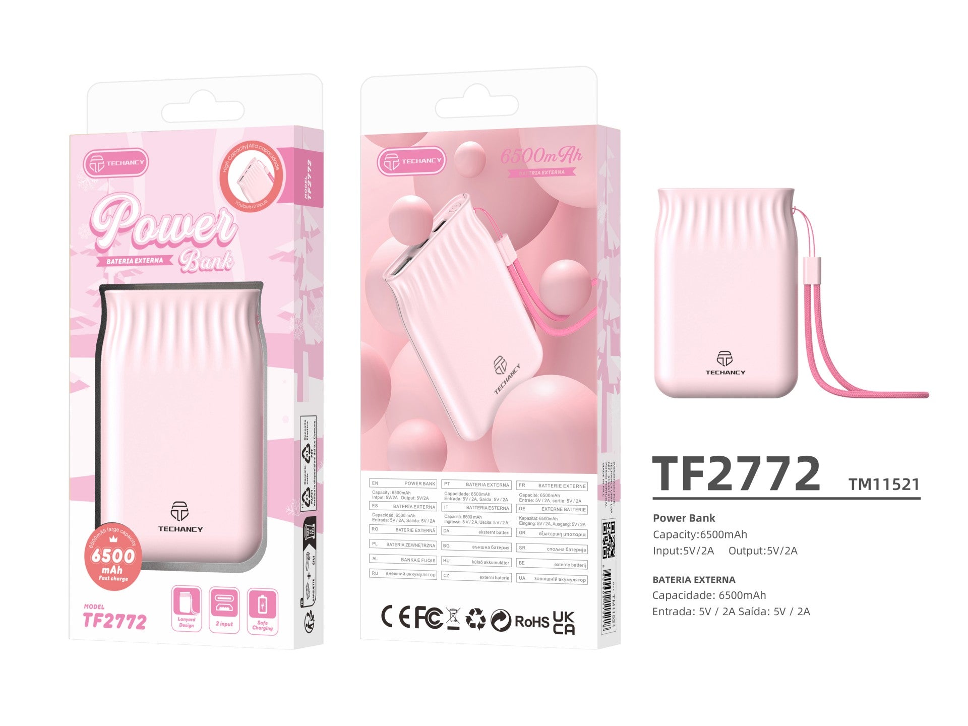 Banco de energía Techancy de 6500 mAh, color rosa, TF2772, compatible con carga de teléfono móvil y tableta de 2 A, fuente de alimentación portátil