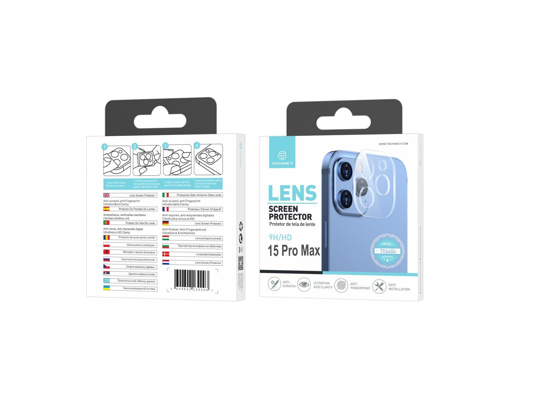 Techancy Protetor de Lente para iPhone 15 PRO MAX, TO6604, 9H Anti-riscos, Anti-digital, Ultrafino e HD, Fácil de Instalar