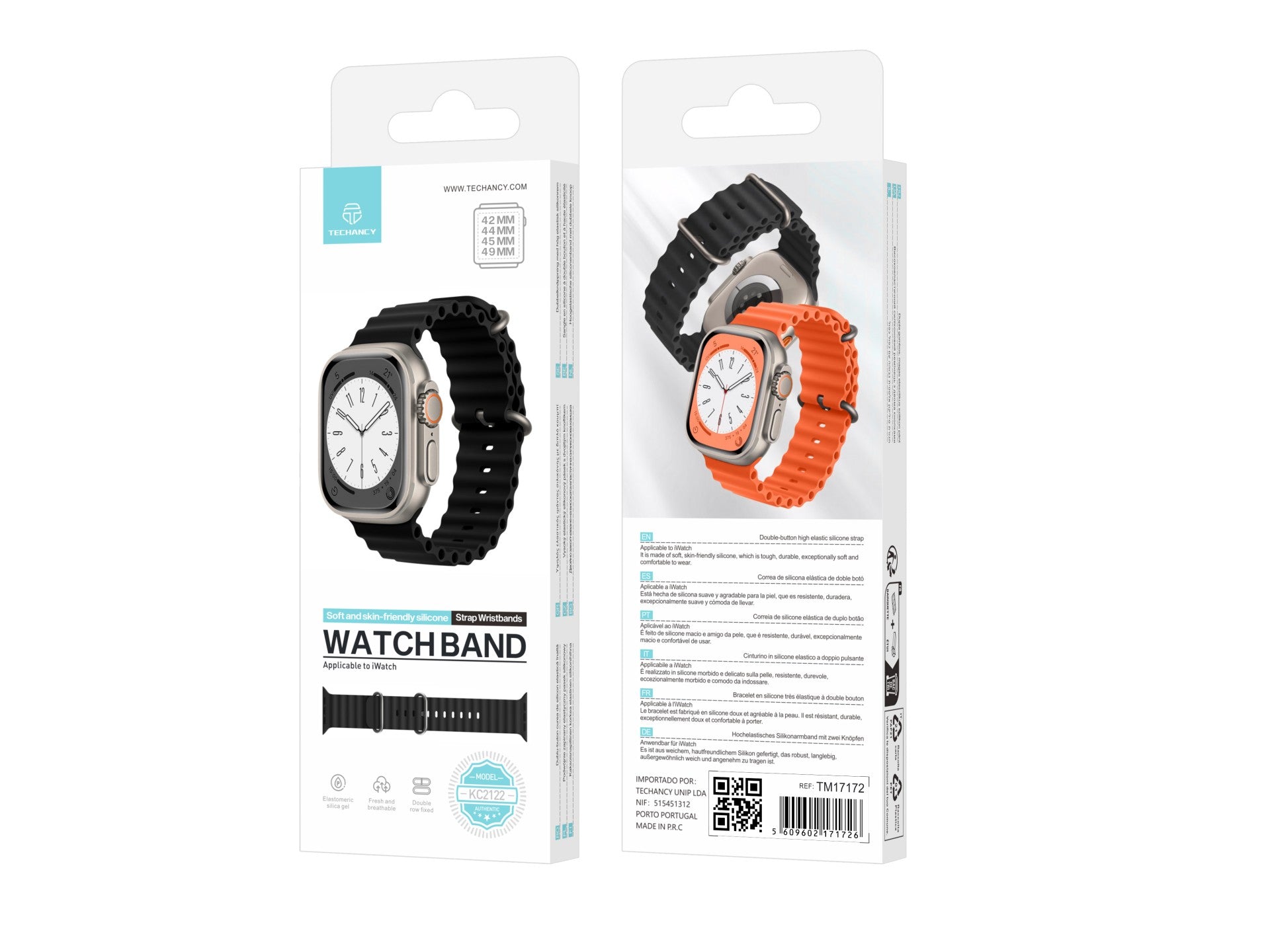 Techancy Bracelete De Silicone Preta KC2122, Compatível Com Apple Watch 42mm/44mm/45mm/49mm, Material De Silicone Macio