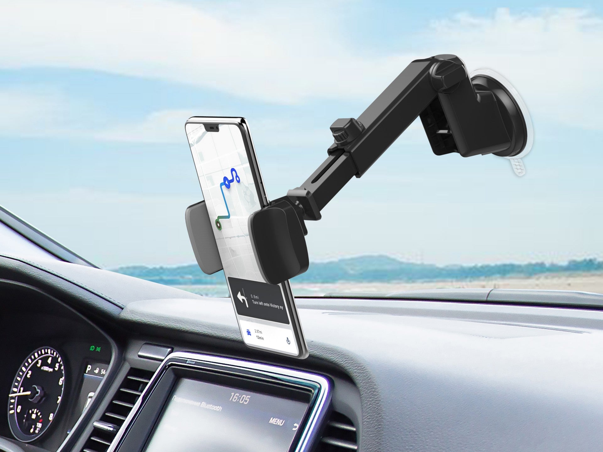 Techancy Car Phone Holder Black+Gray Ti2230, Retractable Stand, Non-Slip Suction Cup, 4-7.2 Inches