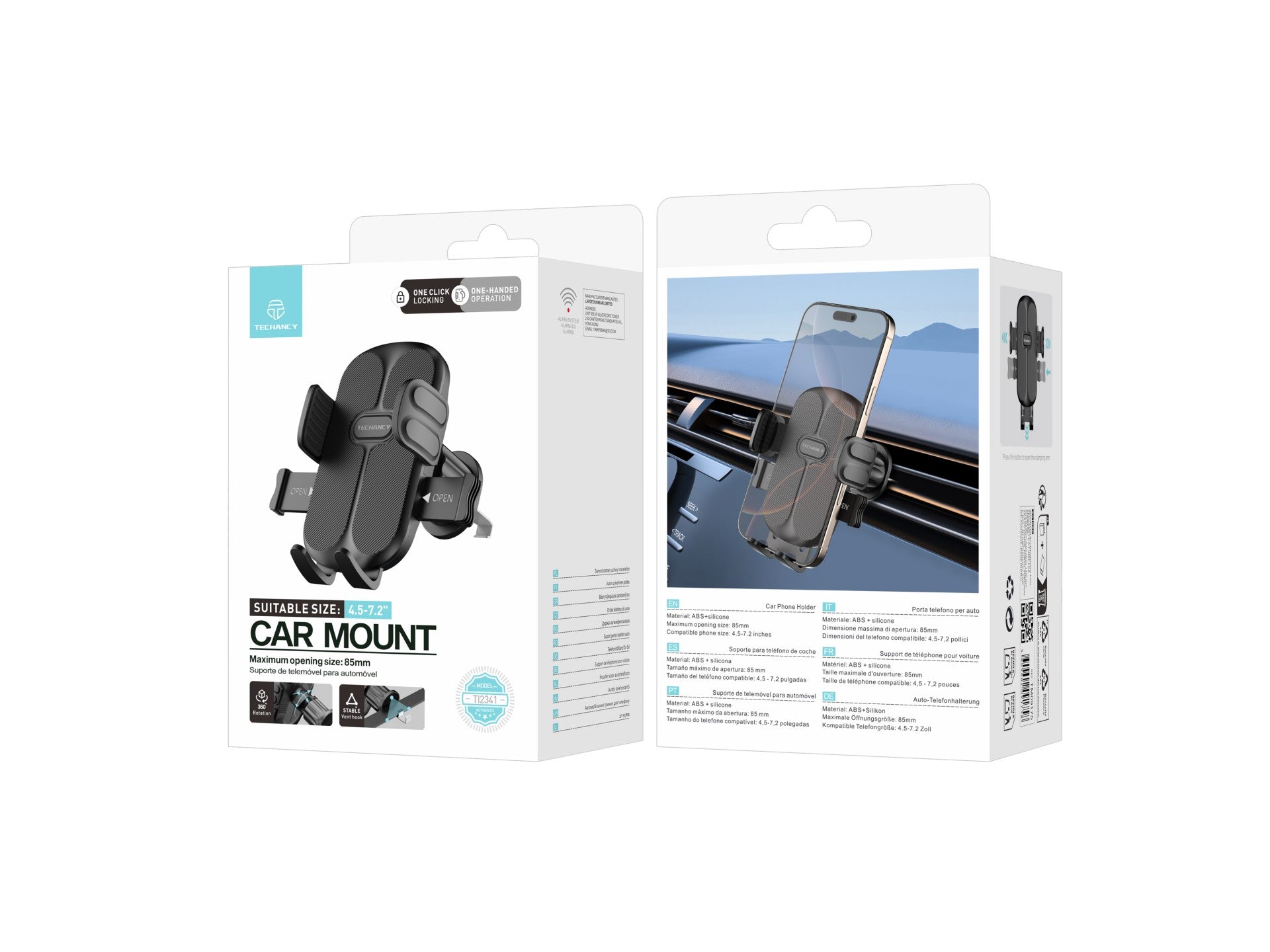 Techancy suporte de telemovel para carro TI2341 Operacao com uma mao Compativel com 4.5-7.2 pol Preto