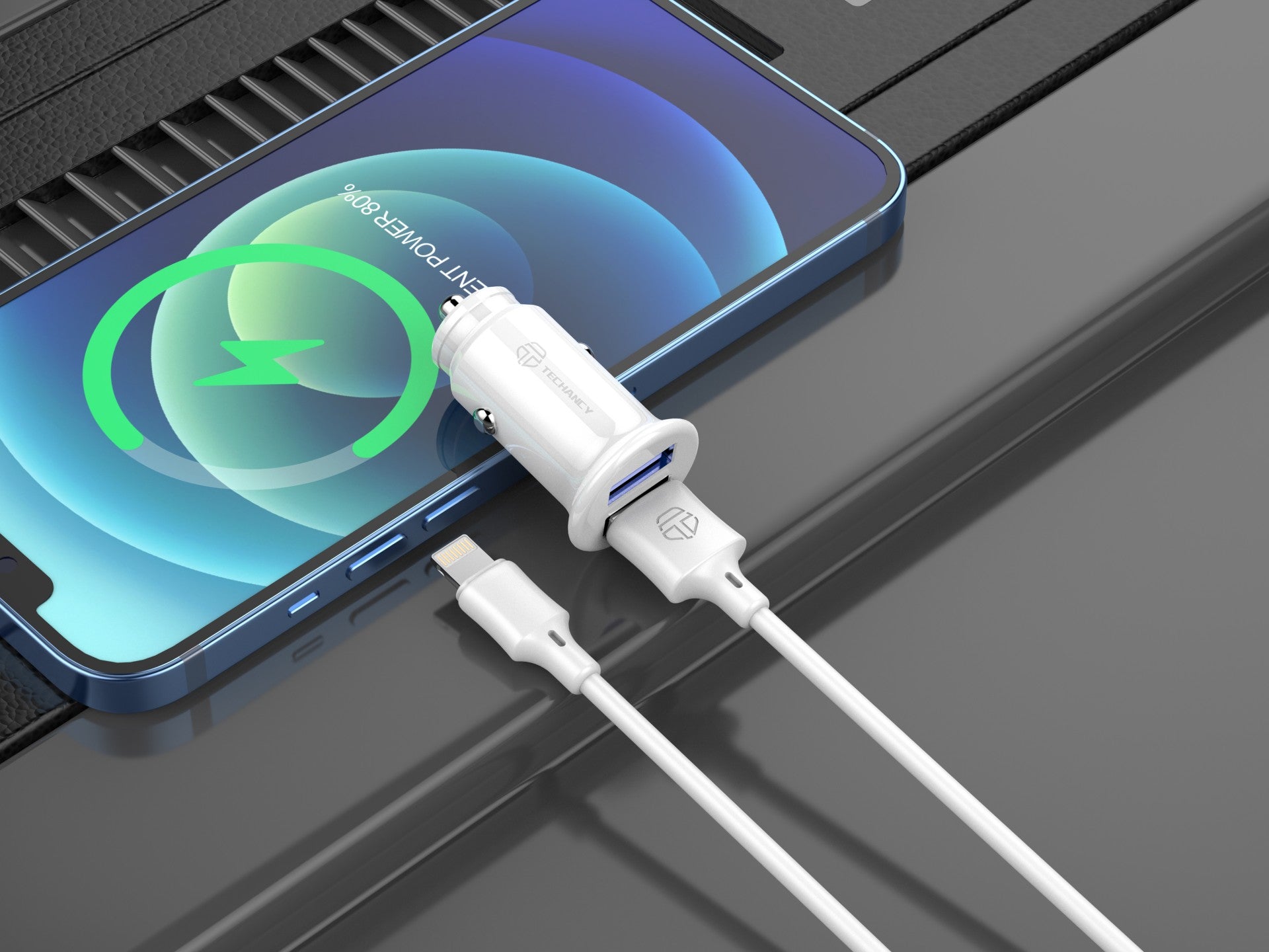 Techancy Carregador De Automóvel Mini TC6408, Carregamento 2usb 2.4A, Kit De Dados Com Cabo Usb-Lightning 1m,branco