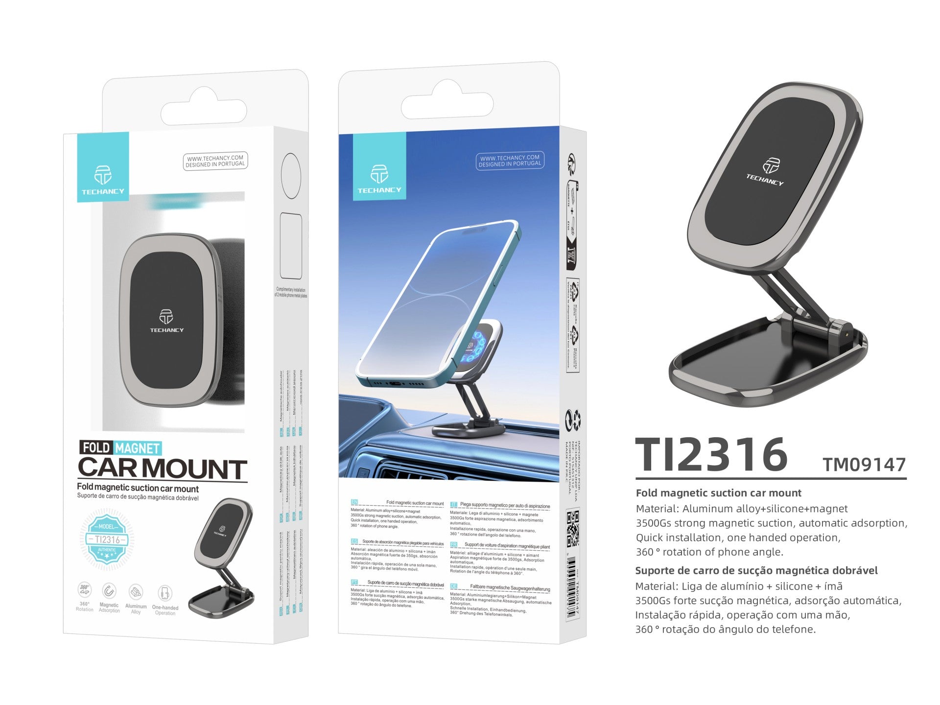 Techancy Foldable Magnetic Car Phone Holder Ti2316, High Quality Double-Sided Adhesive Tape