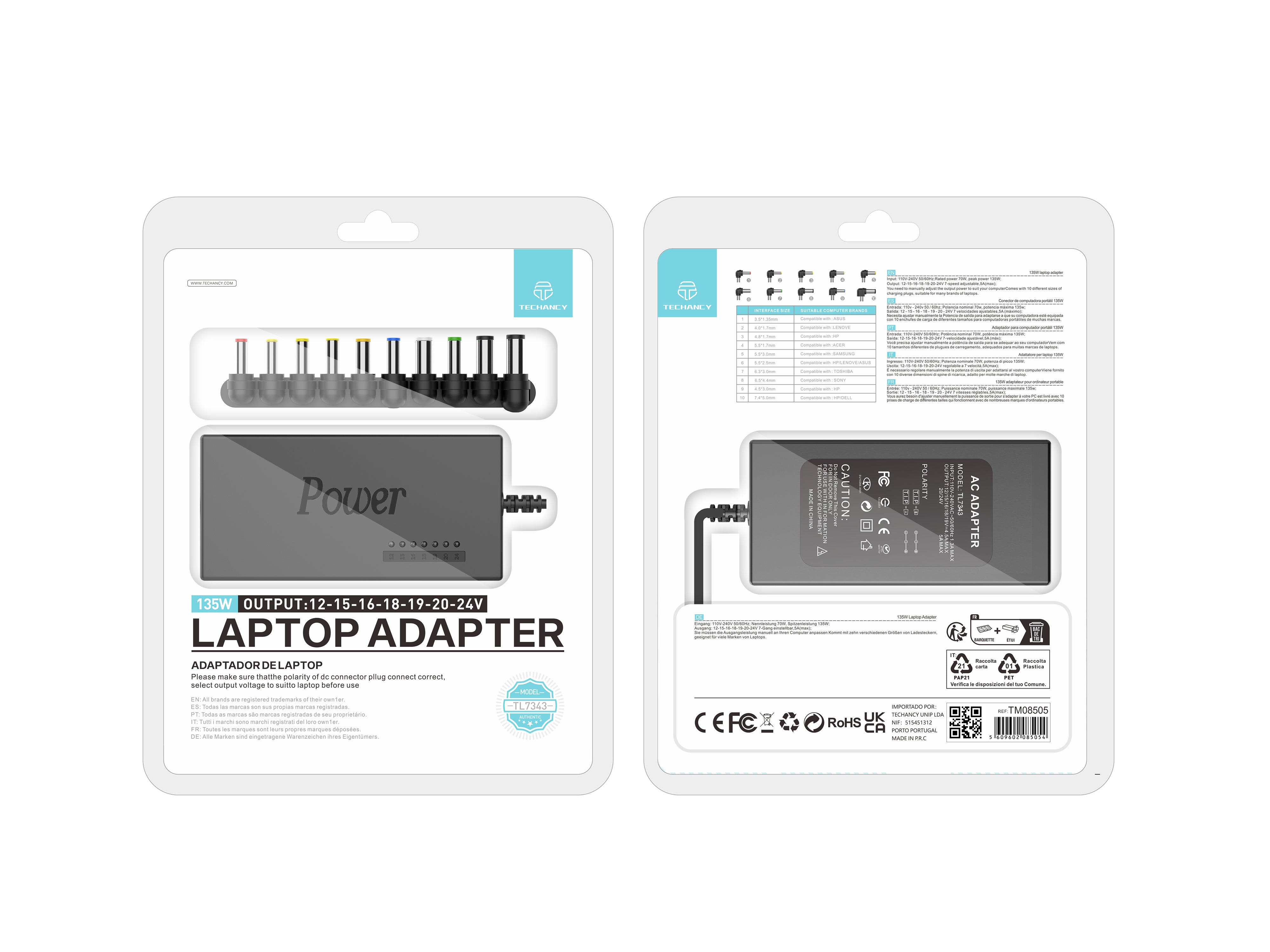 Cargador portátil universal Techancy TL7343 de 135 W, adaptador para diversas marcas de portátiles.