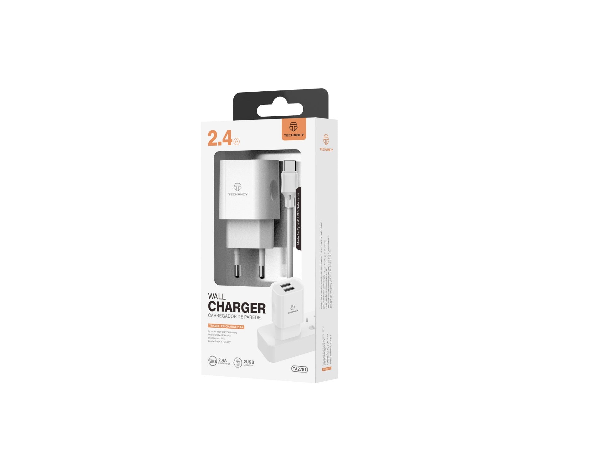 Techancy Carregador De Parede 2usb Branco TA2791,5V-2.4A Carregamento,Conjunto De Cabos Usb-Tipo-C 1m,Suporta Telemóveis Usb-C