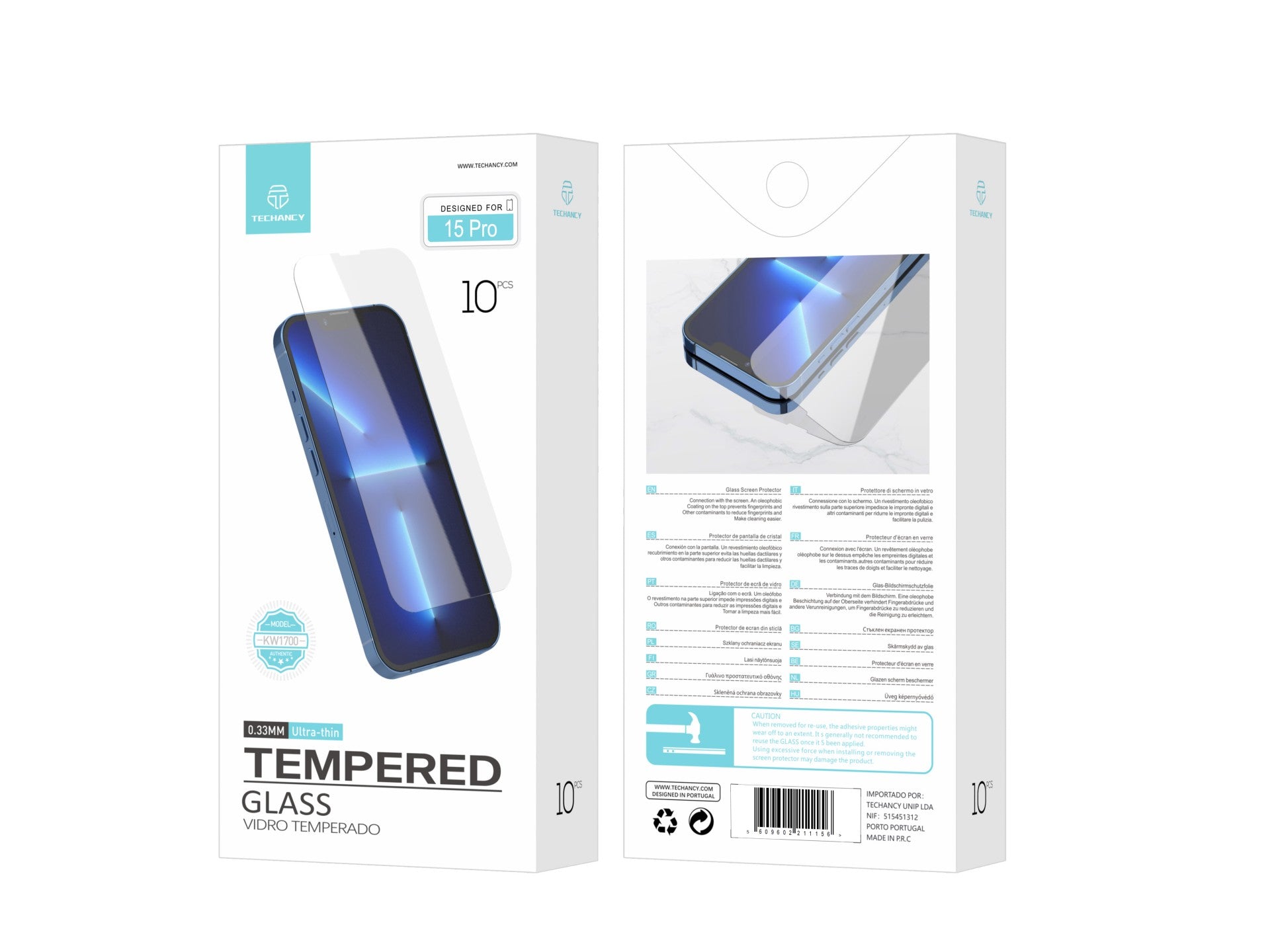 Techancy Película de Vidro Temperado para iPhone 15 Pro KW1700 , 0.33MM, Anti-riscos, Alta Transparência, Fácil Aplicação