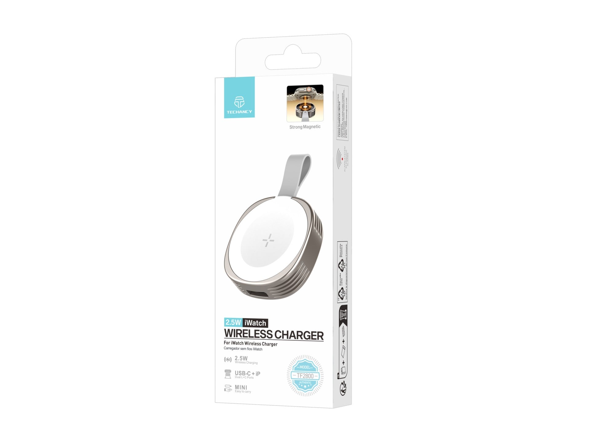 Cargador inalámbrico Techancy iWatch TF2800 de 2,5 W, imán potente, USB-C/Lightning, compacto, compatible con Apple Watch