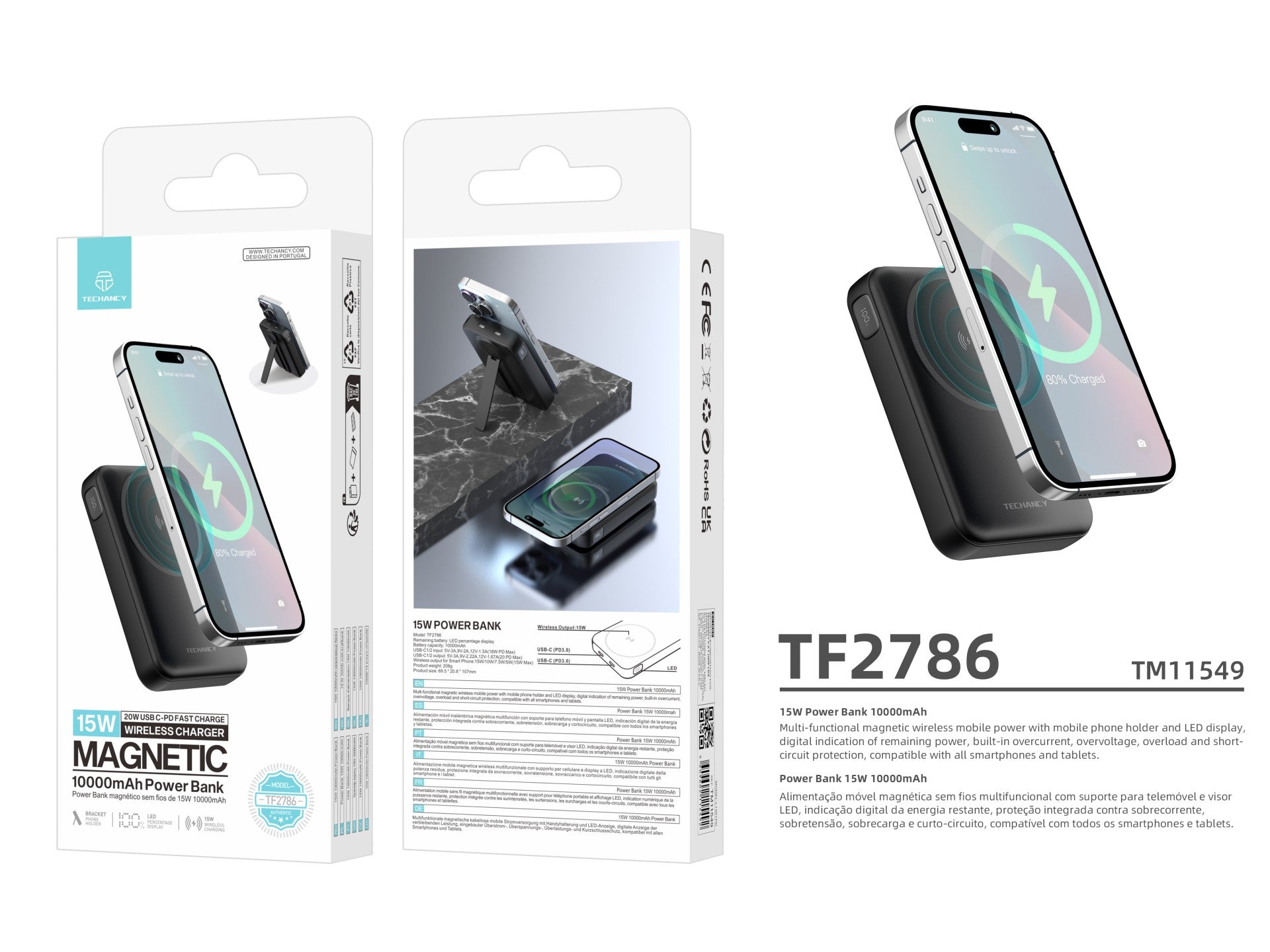 Techancy Magnetic Power Bank TF2786 10000mAh Fast Wireless Charging 15W PD 20W Compatible with MagSafe Integrated Support LED Screen Black